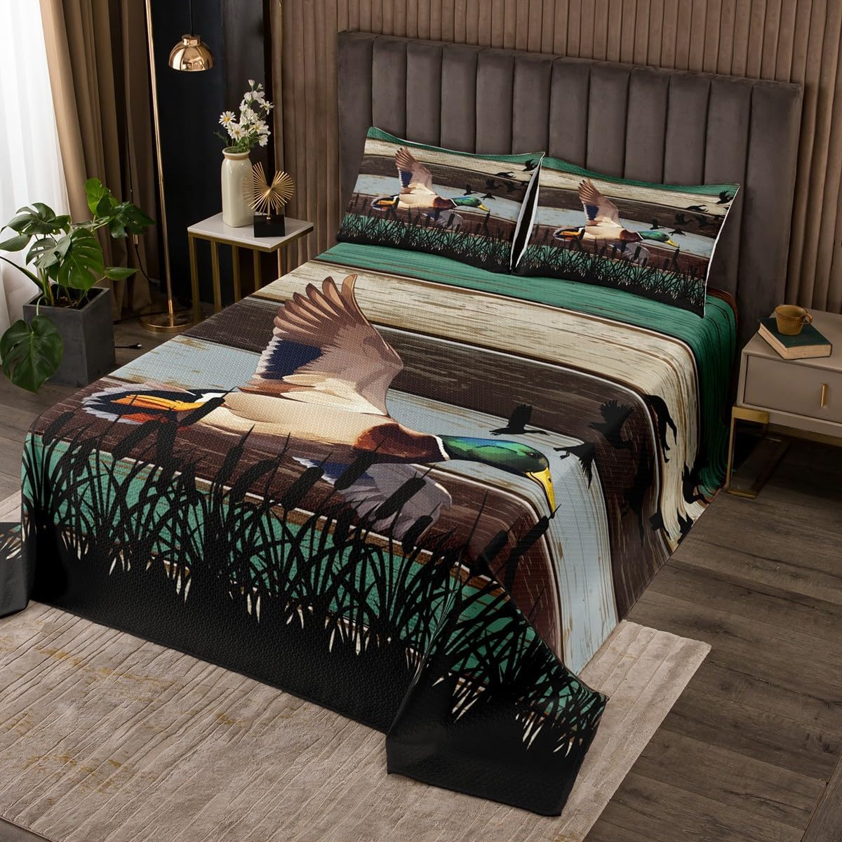 Countryside Duck Bedspread King Size,Hunt Wild Animals Theme Comforter Set Rustic Farmhouse Wood Stripes Bedding Set for Kids Boys Adult Men Room Decor Vintage Green Brown Quilt Coverlet 3Pcs