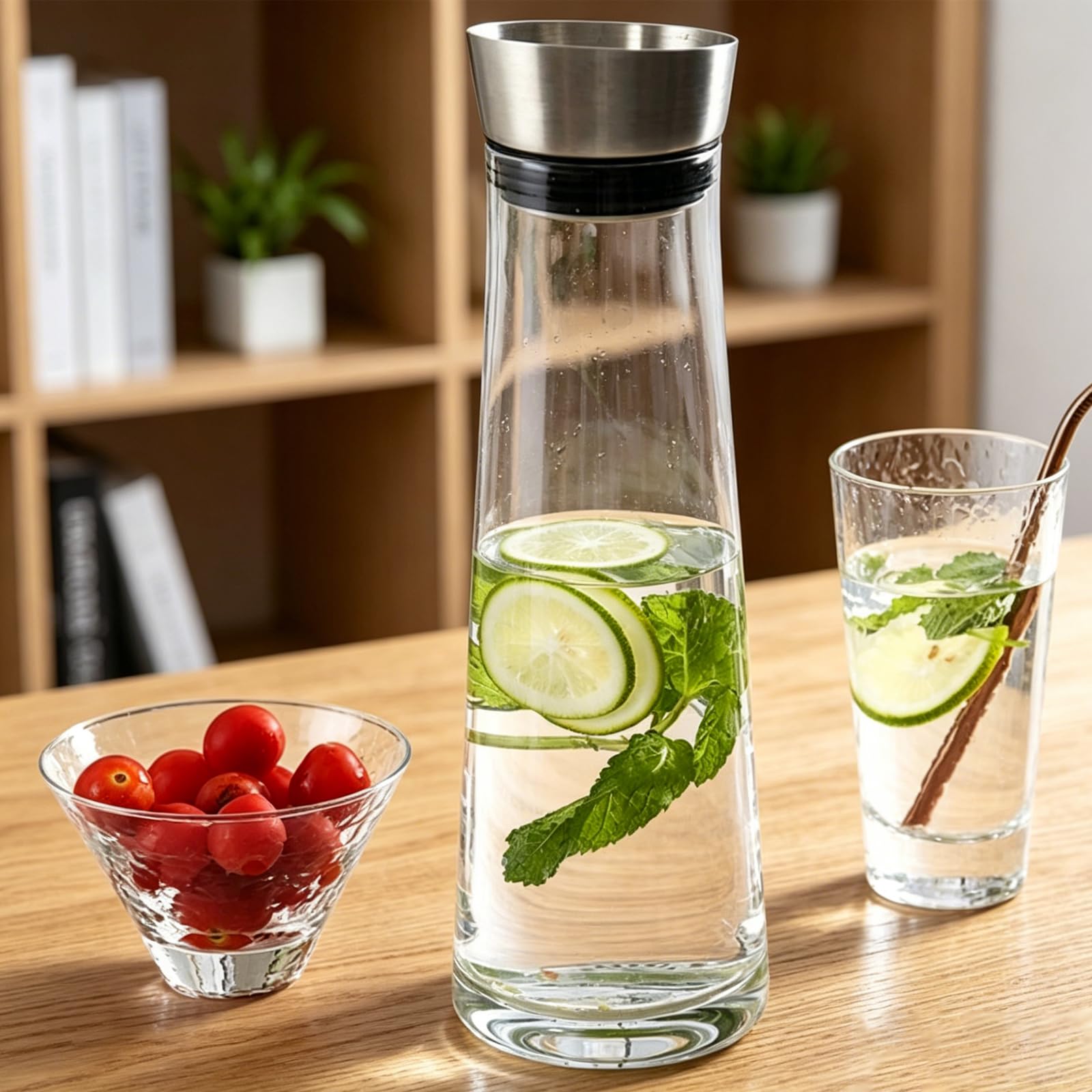 2 caraffe per acqua in vetro da 1500 ml con coperchio in acciaio inox, caraffa in vetro con coperchio da 1,5 l, caraffa per acqua con beccuccio, caraffa per acqua in vetro per bevande fatte in