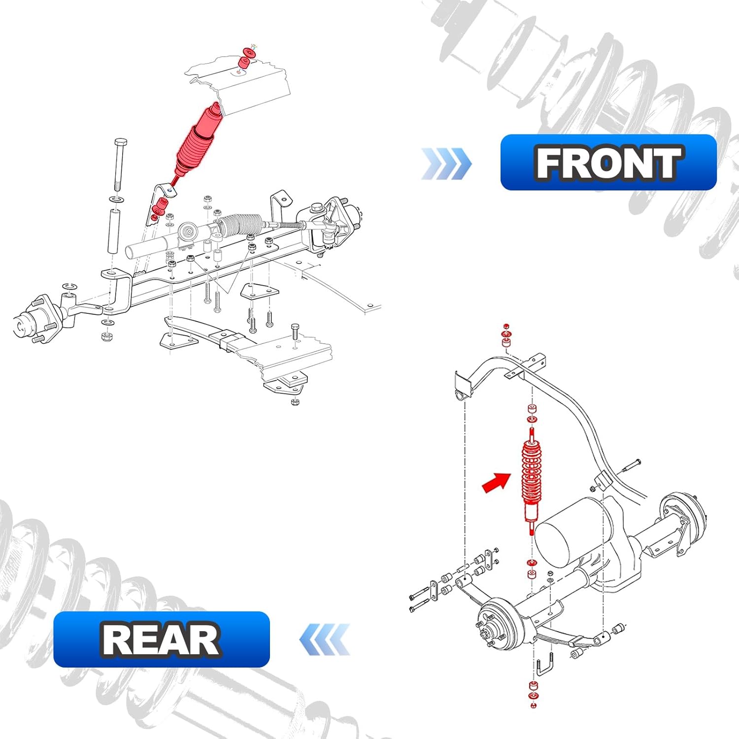 70928-G01 Front/Rear Shock Absorber Kit with Heavy Duty Coil Springs Compatible with 1994-up EZGO Medalist/TXT Gas & Electric Golf Carts Replaces# 76418-G01,70324-G01,76419-G01（RED）