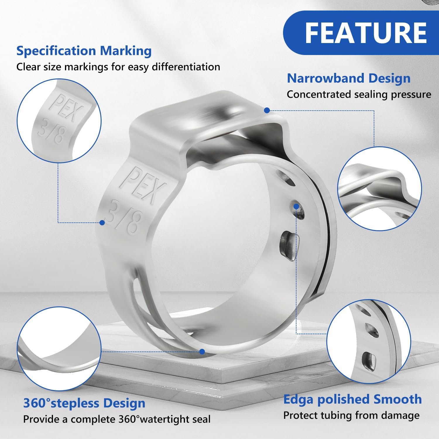 3/8 inch Pex Clamps 250pcs Pex Crimp Rings Single Ear Hose Clamps Stainless Steel Pex Fittings Cinch Clamp Ring for PEX Pipe Tubing