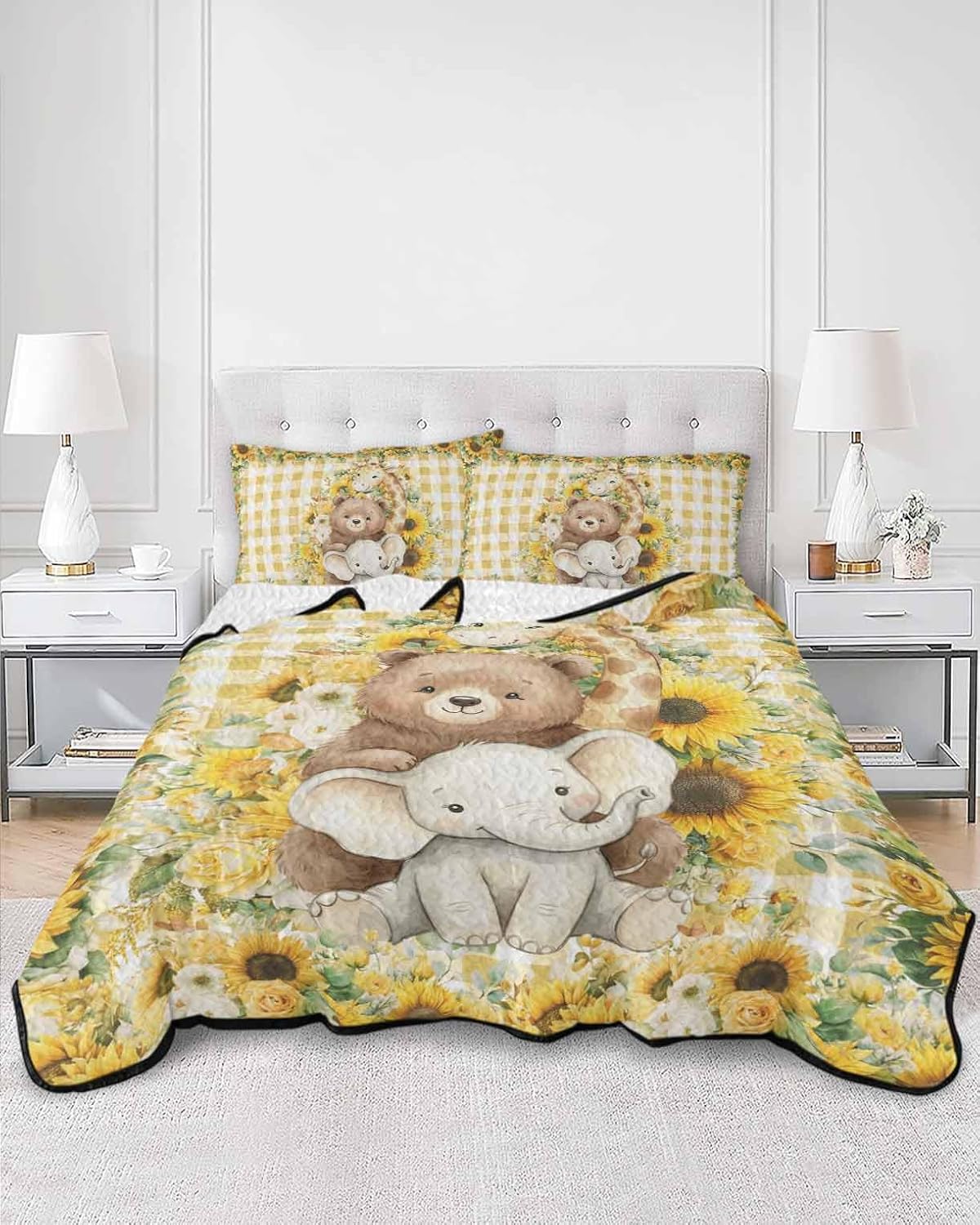 Cute Elephants Bears Giraffes Twin Quilt Bedding Set,Summer Quilt Lightweight Quilted Coverlet with 2 Pillow Shams, Children's Day Sunflowers 3-Piece Bedspread Quilt Set for All Season