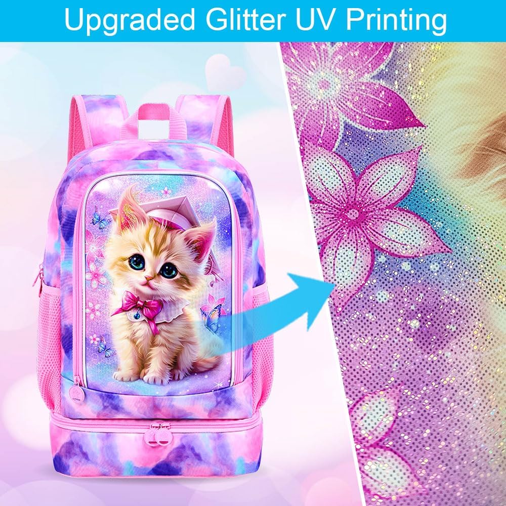 gxtvo 2-in-1 Cat Bookbag for Girls, 17" Kids Backpack Set with Built-in Bottom Lunch Compartment and Pencil Bag, Water-Resistant School Bag for Elementary Preschool Toddler