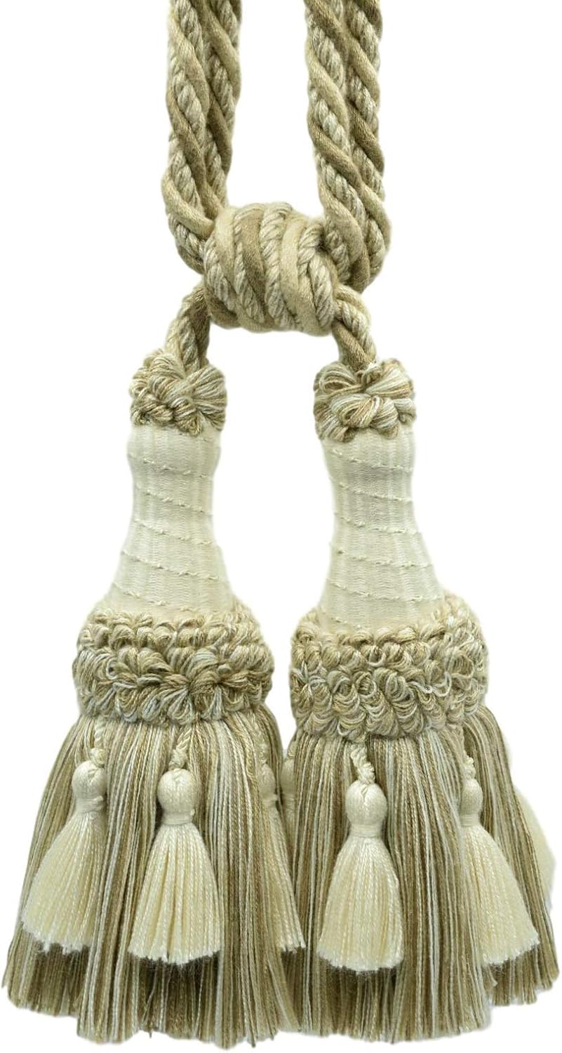 DÉCOPRO Set of 2 / Vanilla, Oatmeal Beige, Dark Sand Ornate Double Tassel Tieback / 6 inch Tassel, 30 inch Spread (Embrace) / Style# TBEMP6-2 Color: Ivory Beige - W01