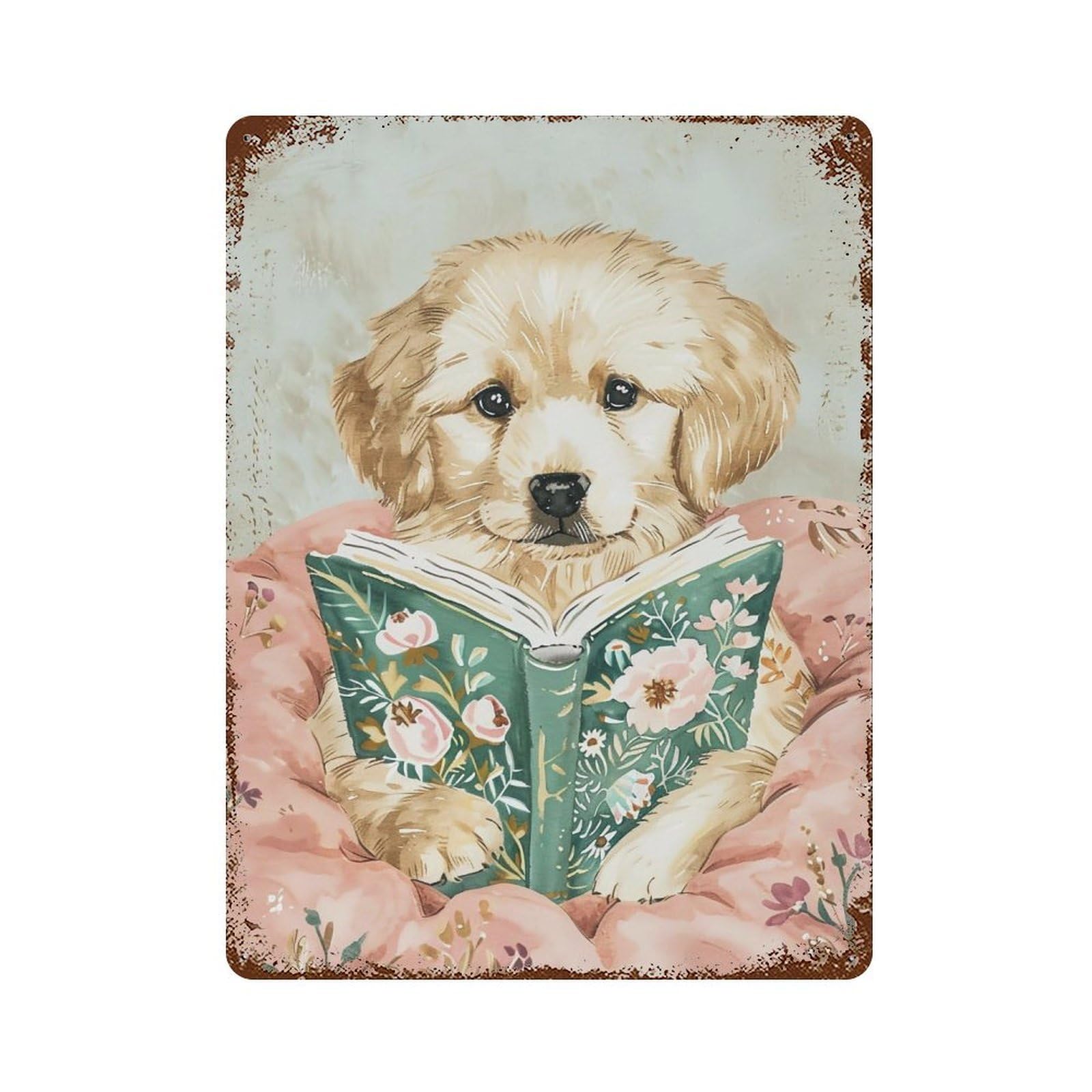 FHUYEURHRY Cute Golden Retriever Puppy Reading 01 Wall Decor Retro Iron Vintage Art Metal Tin Sign Poster Modern Home Cofffee Club Art Bar Shop Decorations Style-29 40x30cm
