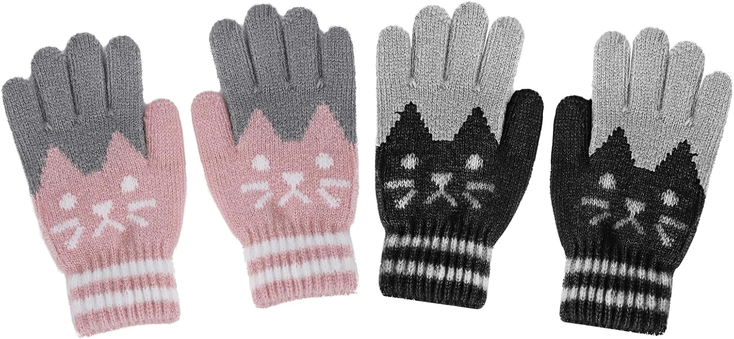 PURFUN Kids Cartoon Cat Full Finger Gloves Girls Boys Winter Thermal Skate Cycling Ski Knitted Gloves Mittens for 3-6 Yrs