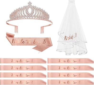 Bachelorette Party Decorations Kit, Bridal Shower Supplies, Rose Gold Bride to Be Bachelorette Sash Veil Crown Tiara for Bride, Team Bride Tribe Sash for Bridesmaids