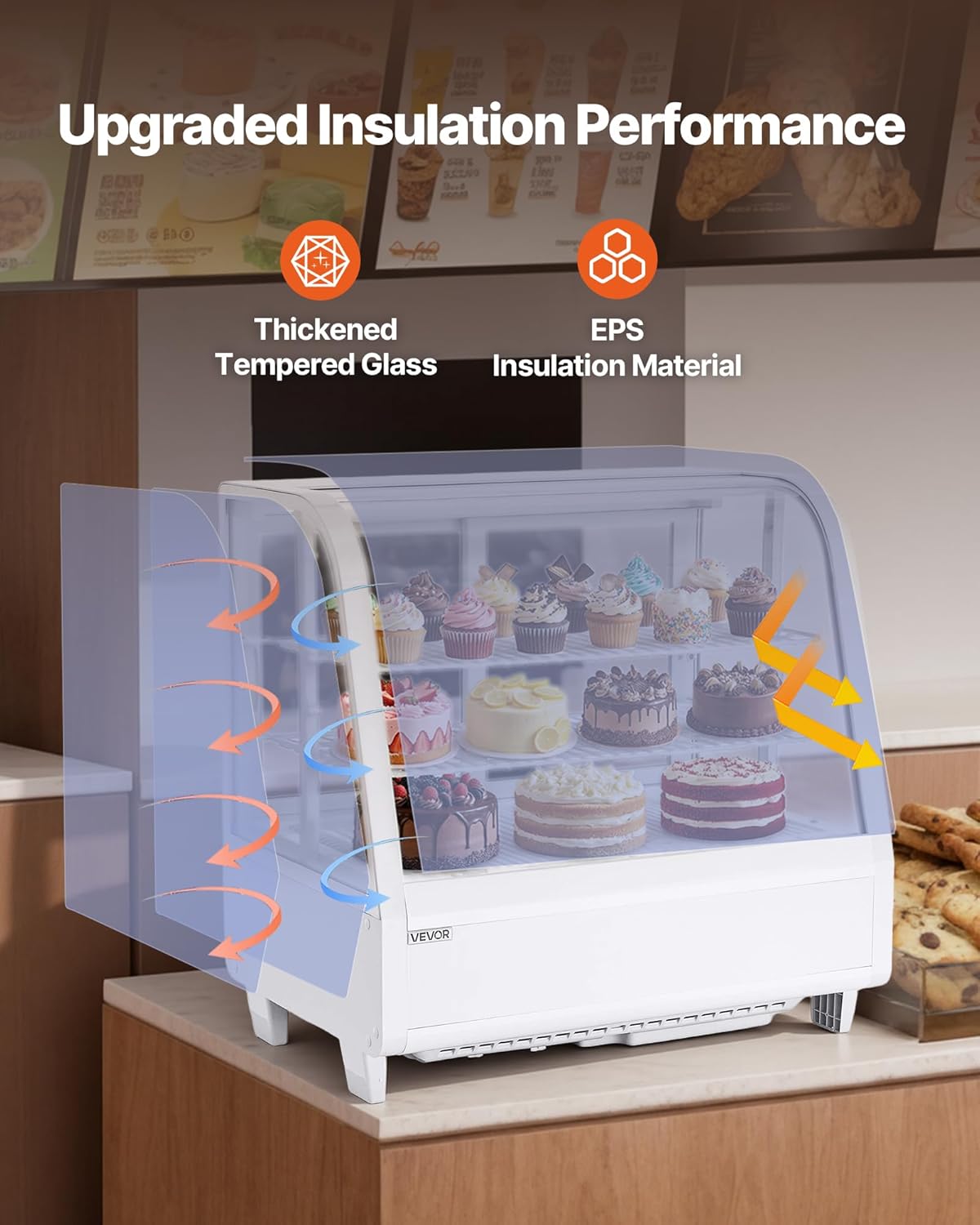 VEVOR Refrigerated Display Case, 3.5 Cu.Ft./100L Countertop Pastry Display Case, 2-Tier Commercial Cake Refrigerator with LED Lighting, TURBO Cooling, Frost-Free Air-Cooling, for Bakery, Dessert Shop