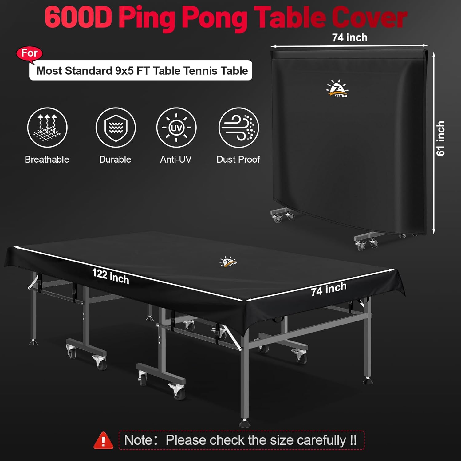 Zettum Ping Pong Table Cover - Table Tennis Cover Waterproof & Heavy Duty, 600D Covers for Table Tennis, Indoor Outdoor Table Covers Fits Universal 9x5 FT Tables Folding & Flat Tables