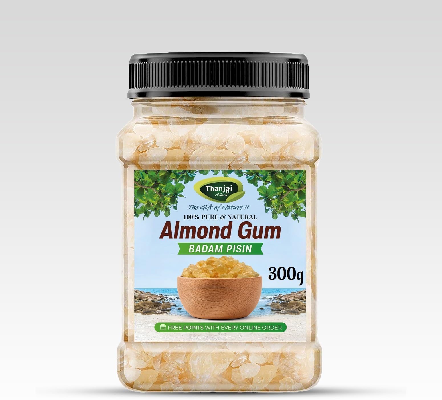 Thanjai Natural Almond Gum 300g (Jar) | Badam Pisin | Gond Katira | Tragacanth Gum | Kathila Gum | Astragalus Gummifer | 100% Pure & Natural | Traditional Ingredient