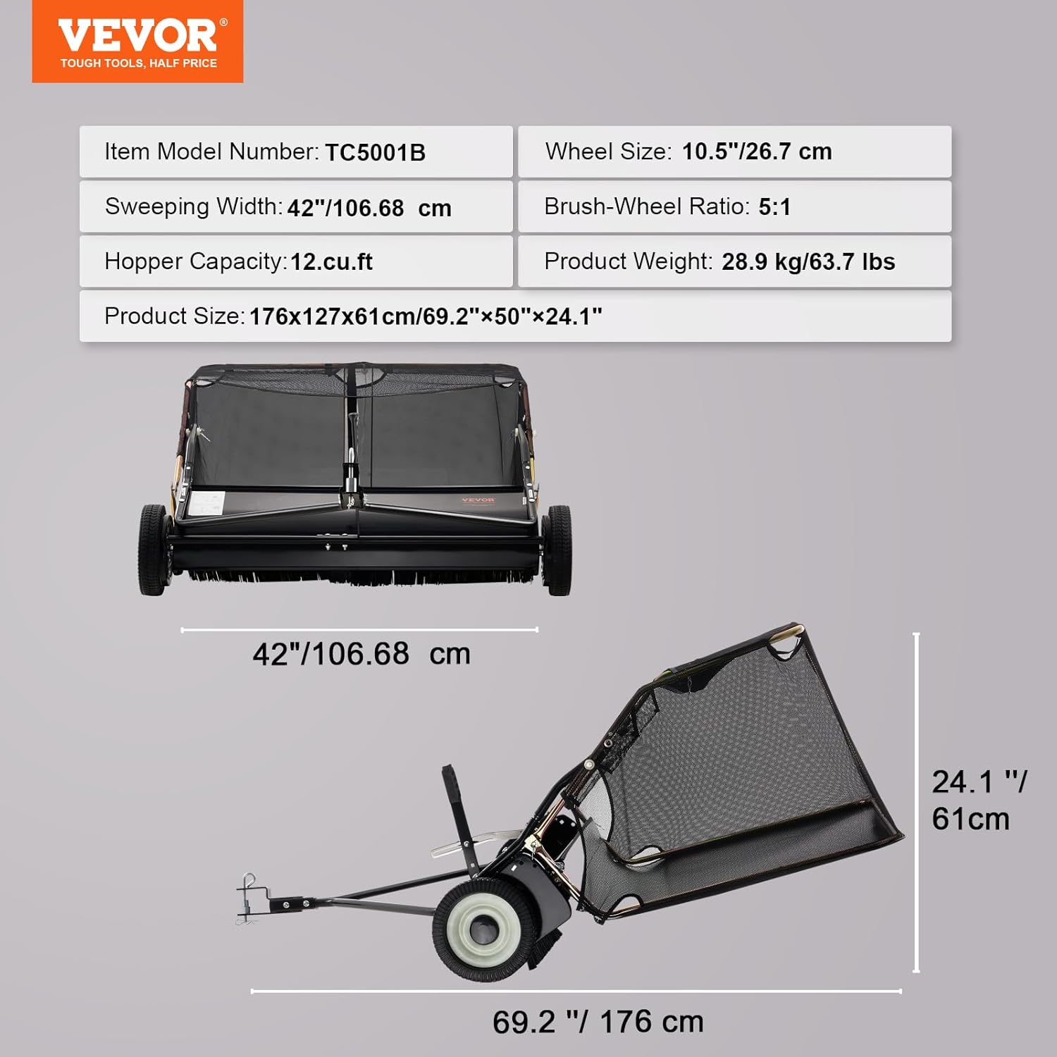 VEVOR 42 Inch Lawn Sweeper Tow Behind, 12 cu.ft. Large Pull Behind Grass Sweeper, Heavy Duty Leaf & Grass Collector with Dumping Rope Design, Adjustable Sweeping Height for Picking Up Debris & Grass