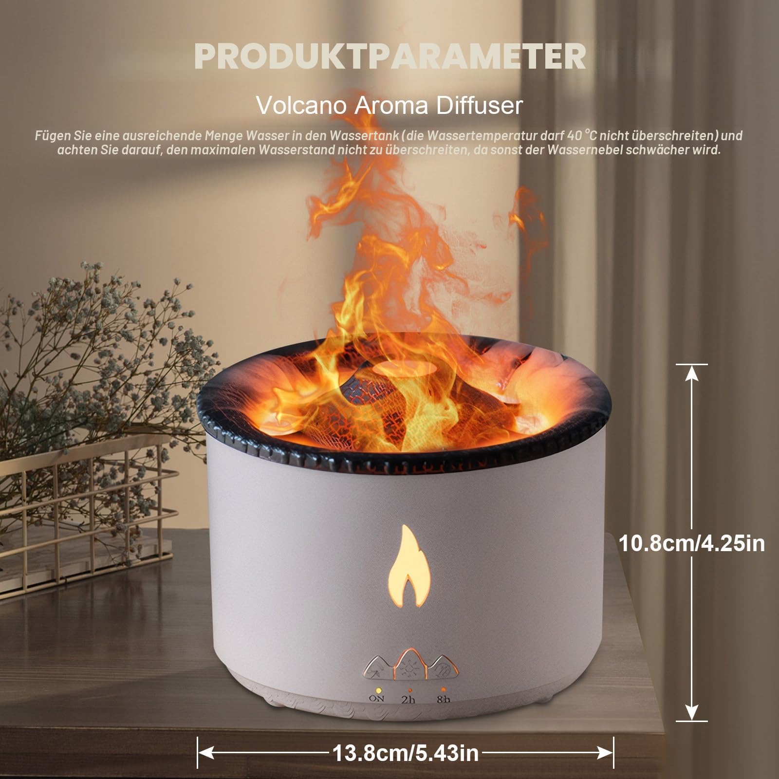Vulkan Luftbefeuchter Flammen Aroma Diffusor: 360ml Aromatherapie Luftbefeuchter 2 Nebelmodus Luftbefeuchter Fernbedienung Öl Kaltnebel Diffusor mit Nachtlicht für Zuhause, Fitnessstudio