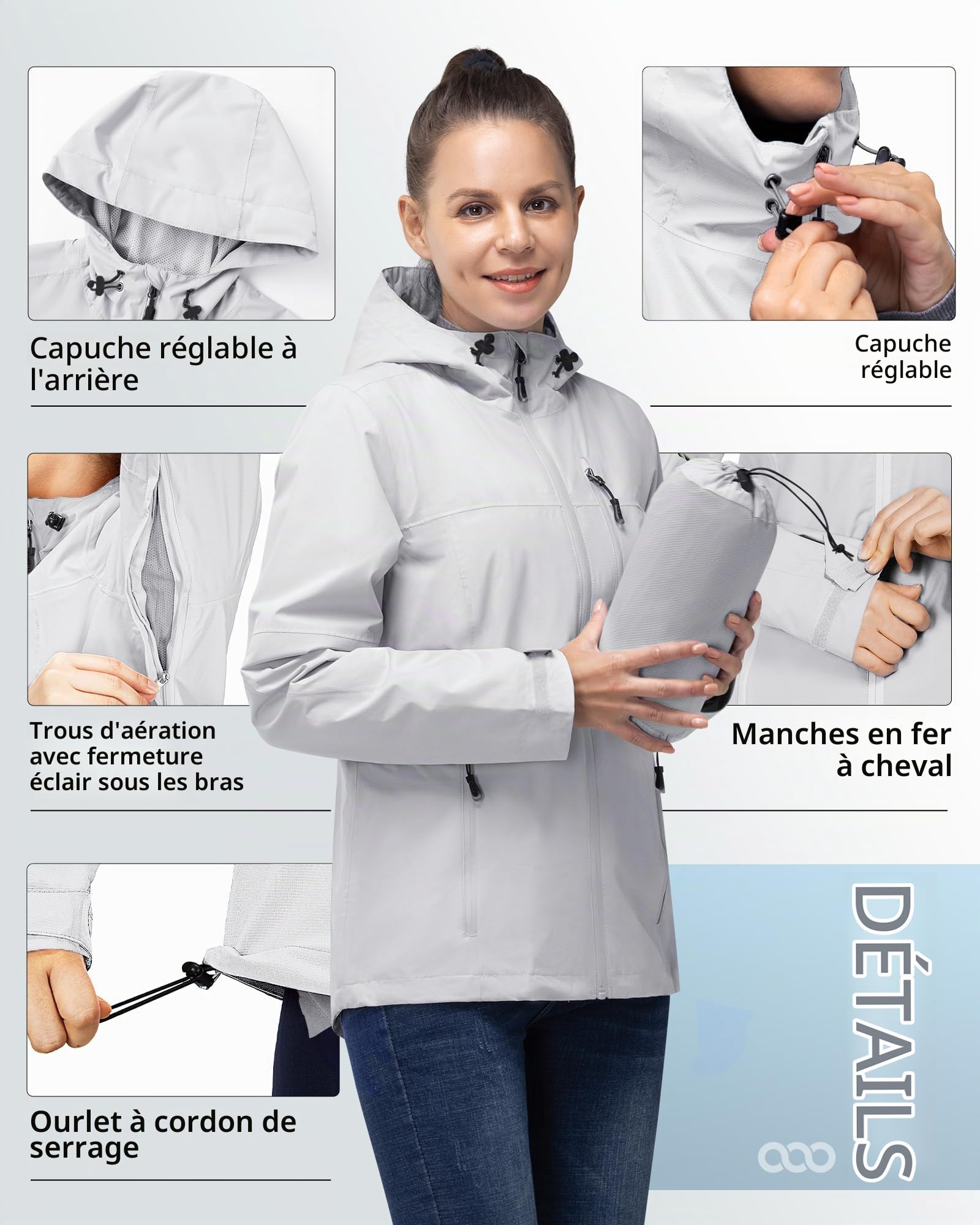 33,000ft Veste de pluie Femmes, imperméable imperméable léger avec manteau respirant emballable à capuche idéal pour la course à pied et à la randonnée(Gris clair-XS)