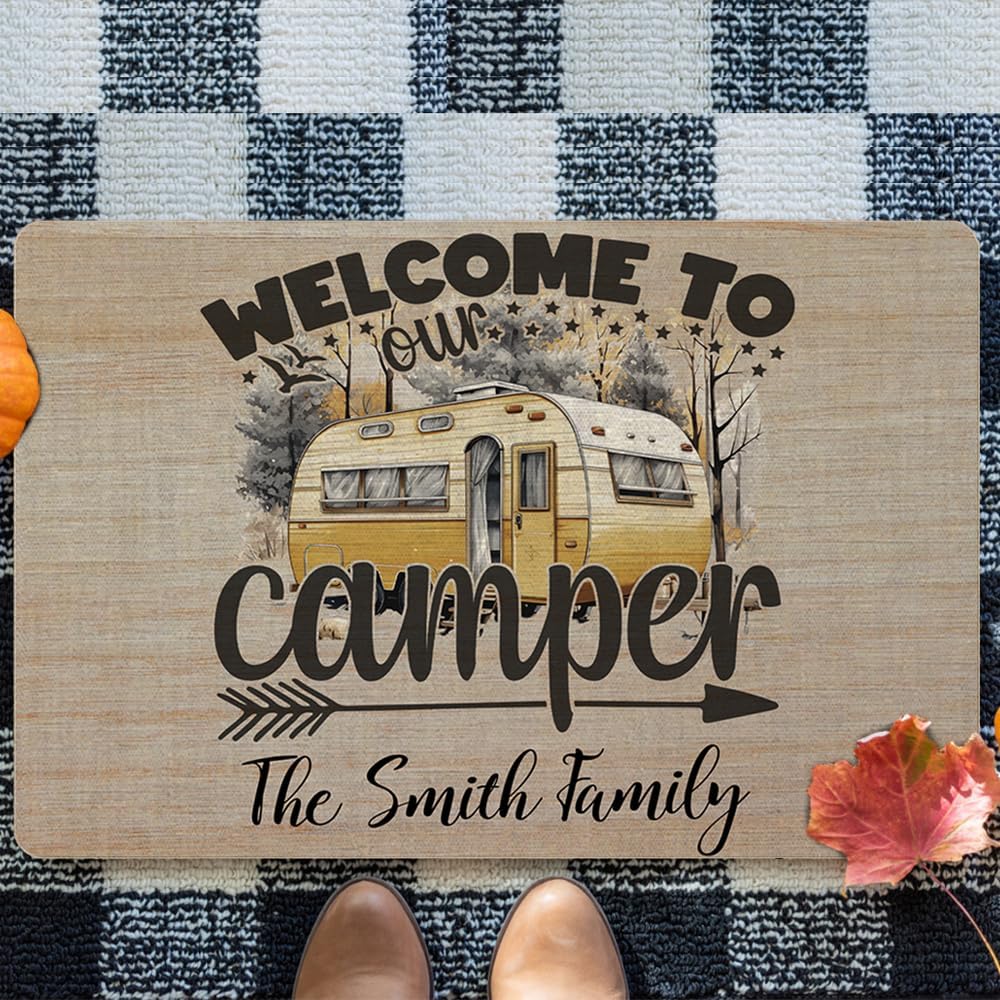 Camper RV Door Mat, Personalized Family Name Camping Floor Mats for Campervan Caravan Motorhomes, Welcome to Our Camper Decorative Doormat for Front Entrance, 35"x 25"