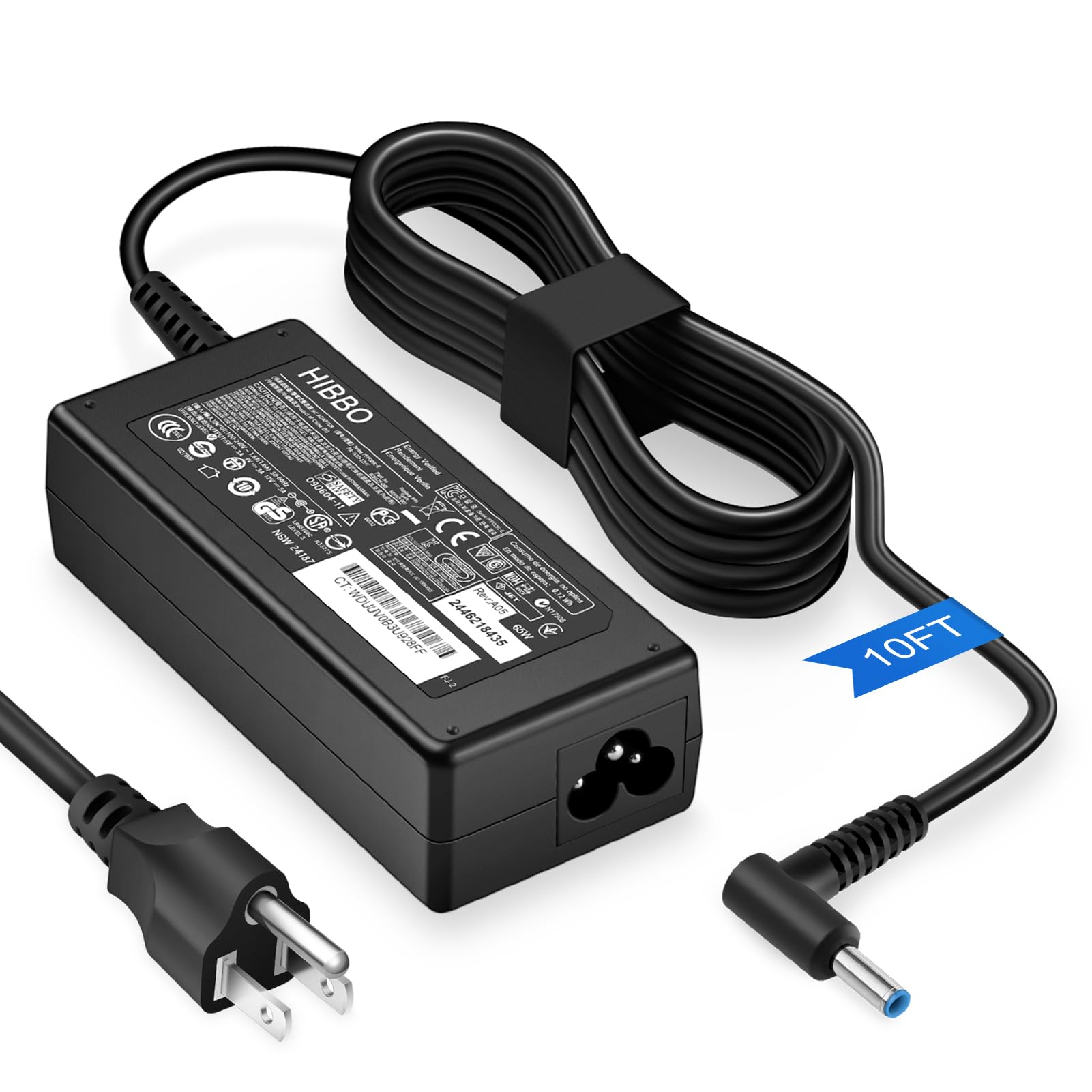 Extra Long 10FT Charger for HP Laptop 65W 45W Smart Blue Tip Power Adapter