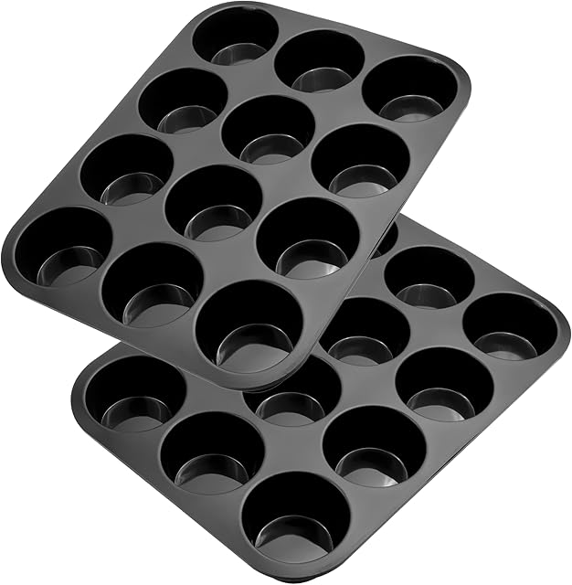 Belmalia 2 Silicone Muffin Moulds, 12 Holes, Non-Stick Coating, Cupcake Muffins Tin Black
