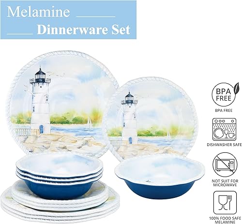 Miniatura 3 de UP ware - Juego de vajilla de melamina de 12 piezas, incluye platos llanos, platos de ensalada, cuencos, servicio para 4 (faro)