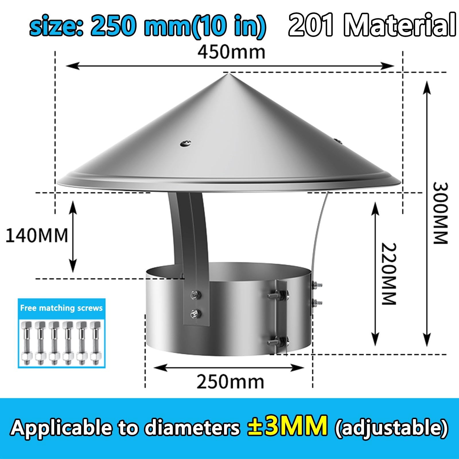 Terminale Antivento E Antipioggia In Acciaio Inox Comignolo Canna Fumaria Comignolo Antivento Terminale Per Camino Con Base Tonda Stufa A Legna O Pellet 200mm(201 material,250 mm(10 in))