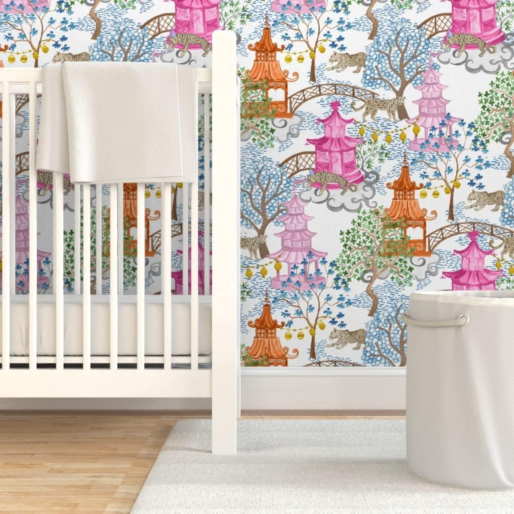 Spoonflower Peel & Stick Wallpaper 6ft x 2ft - Party Leopards Pagoda Forest Pink Rust Trees Landscape Chinoiserie Custom Removable Wallpaper