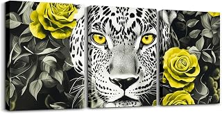 Cheetah Canvas Wall Art Yellow Rose Paintings Wall Decor,Black and White Grey Leopard Print Framed Wall Art for Living Room,African Animals Flowers Canvas Artwork Paintings 3 Piece Pictures Wall Decor