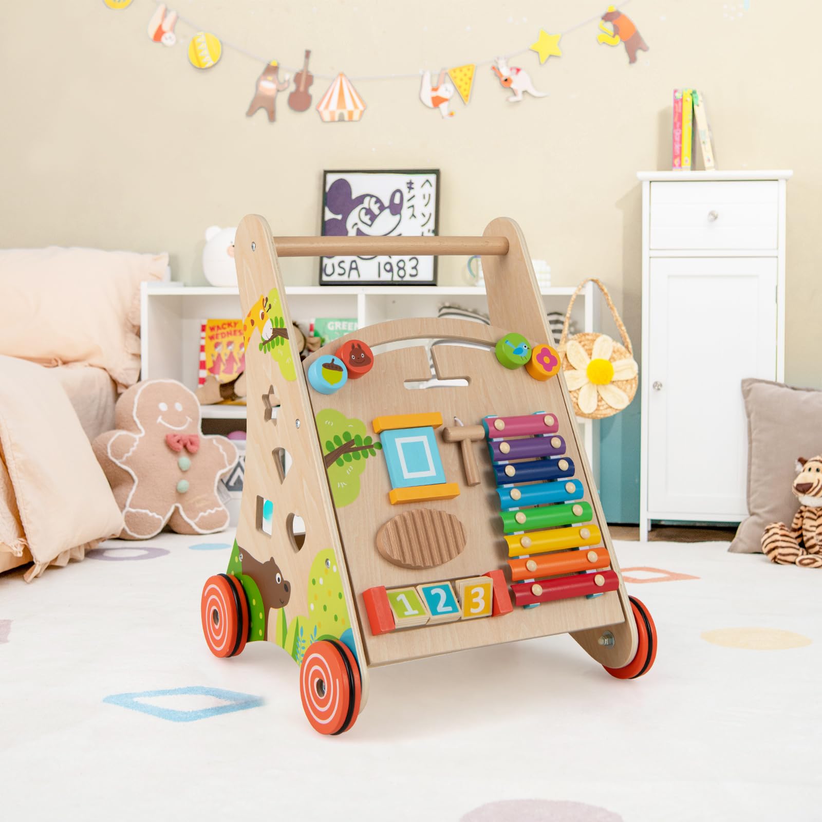 COSTWAY Andador para Bebé de Madera, Correpasillo de Empuje con Asa, Almacenaje y Ruedas, Juguete de Aprendizaje Montessori de Empuje y Tirón, Tacata de Sentado a de Pie para Niños de 3+ Años