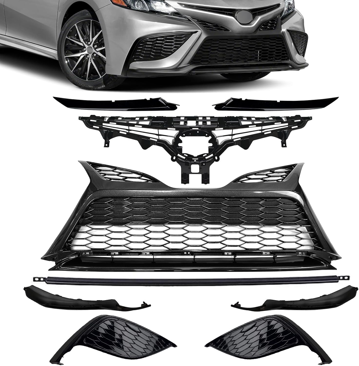 Front Grille Black Trim Fog Light Bezel Set 9pcs Fit For 2021 2022 2023 Toyota Camry SE, Front Bumper Body Assembly Kit Direct Replacement (Glossy Black)
