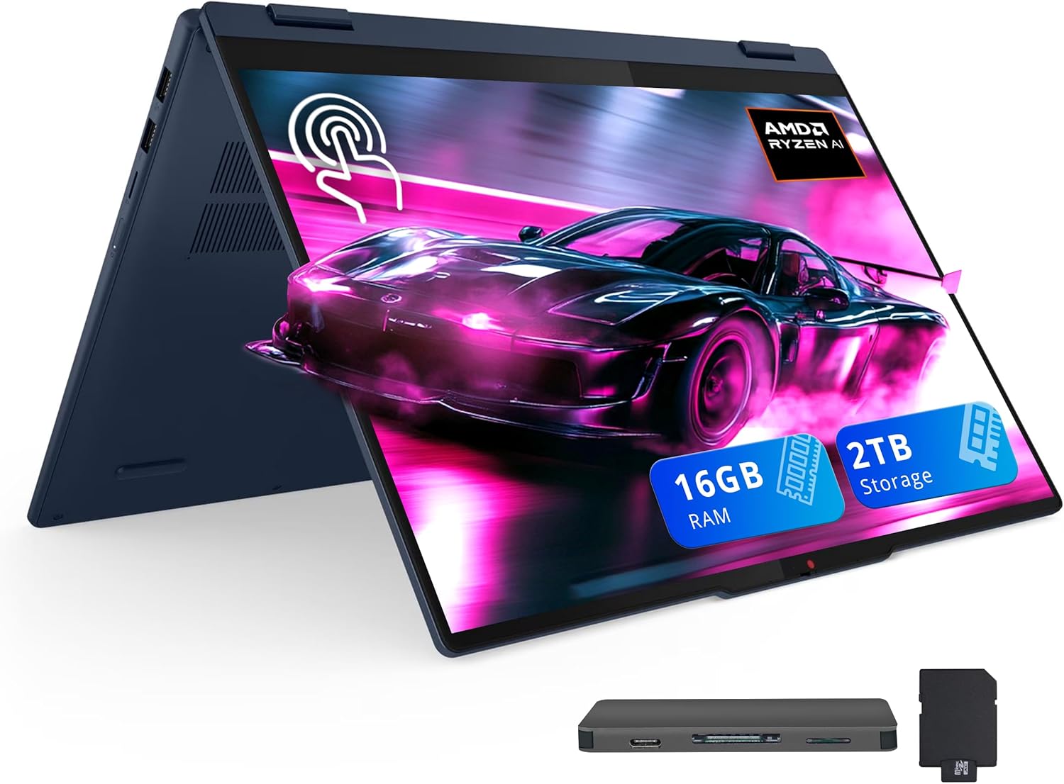 Lenovo IdeaPad 5 2-in-1 16" WUXGA Touchscreen Laptop, AMD Ryzen AI 7 350, 16GB LPDDR5X, 2TB Storage (1TB SSD+1TB Docking Station), Radeon 860M Graphics, Backlit Keyboard, Copilot+ PC, Win 11, Blue