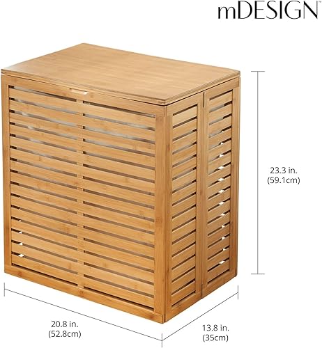 Miniatura 4 de mDesign Cesta plegable de madera de bambú con forro de tela extraíble, tapa, cesta de lavandería plegable para lavandería, baño, dormitorio,