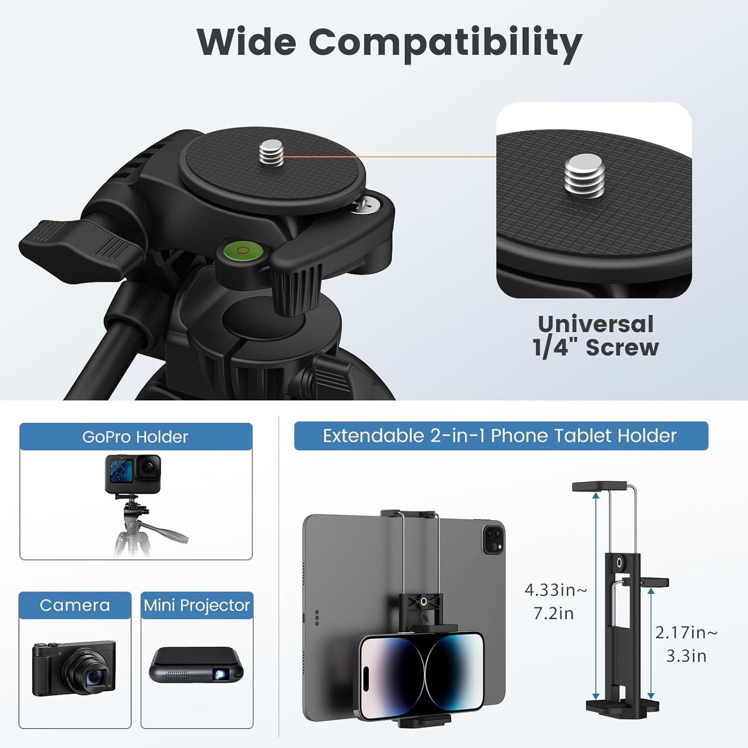 MoKo tripod showing universal 1/4 inch screw, GoPro holder, and extendable 2-in-1 phone tablet holder with dimensions.