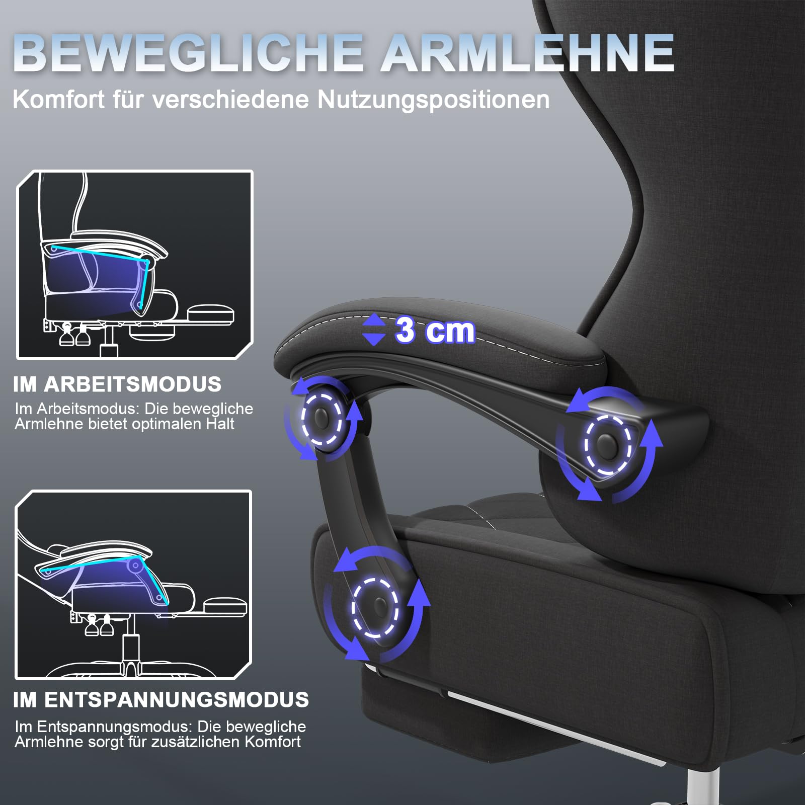 Devoko Gaming Stuhl Stoff ergonomisch mit Massagefunktion und Fußstütze, Taschenfederkernpolster, 135° verstellbar, atmungsaktiv für Home Office oder Gaming Zimmer schwarz