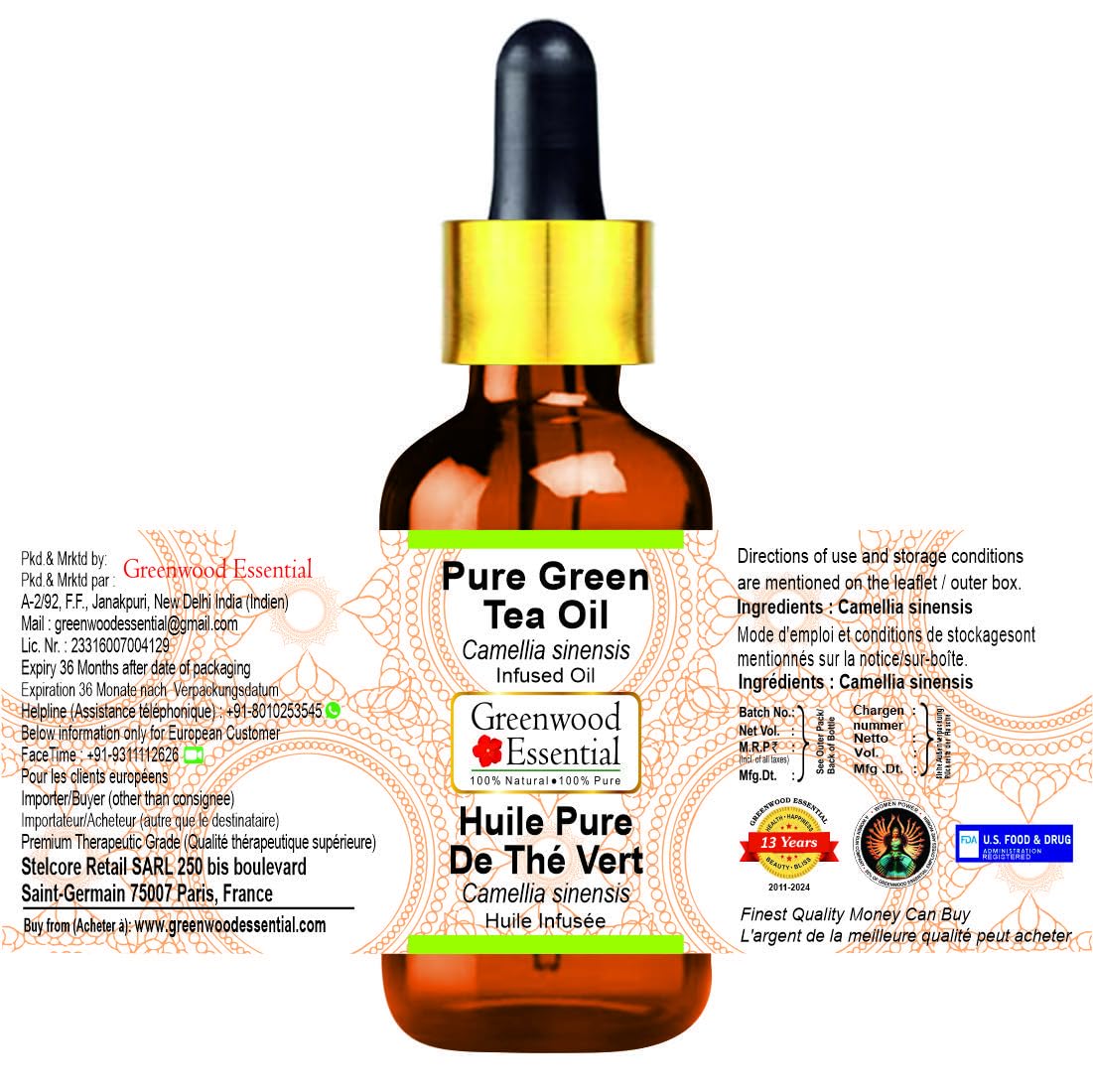 Greenwood Essential Green Tea Oil (Camellia sinensis) with Glass Dropper | Infused | Natural | Undiluted | For Diluting Essential Oils | For Skin & Massage | Men & Women | 100ml (3.38 oz)