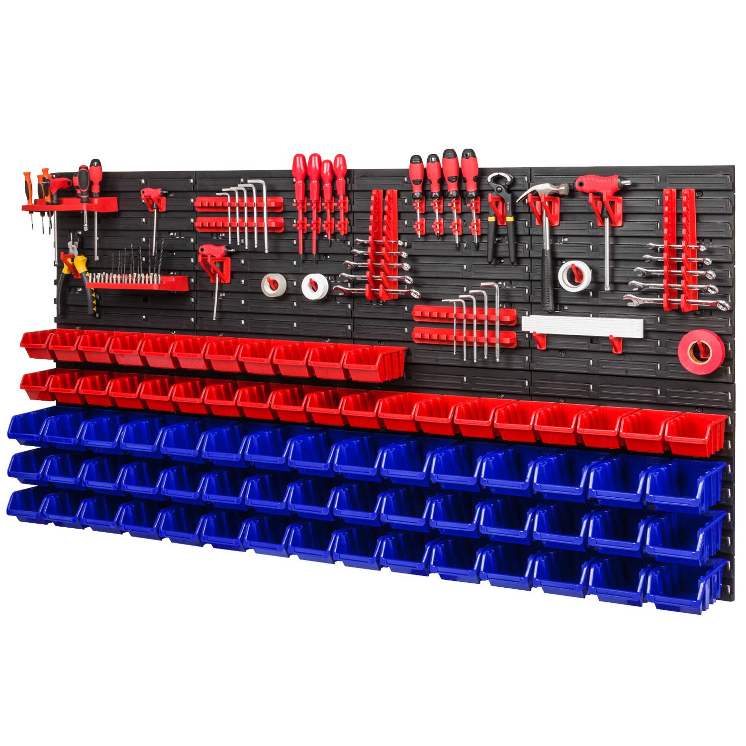 PAFEN Lagersystem - 1544 x 780 mm - Wandregal 75x Rot/Blue Stapelboxen und 38 Stück Rot Werkzeughalter | Wandplatten mit Zubehörteile