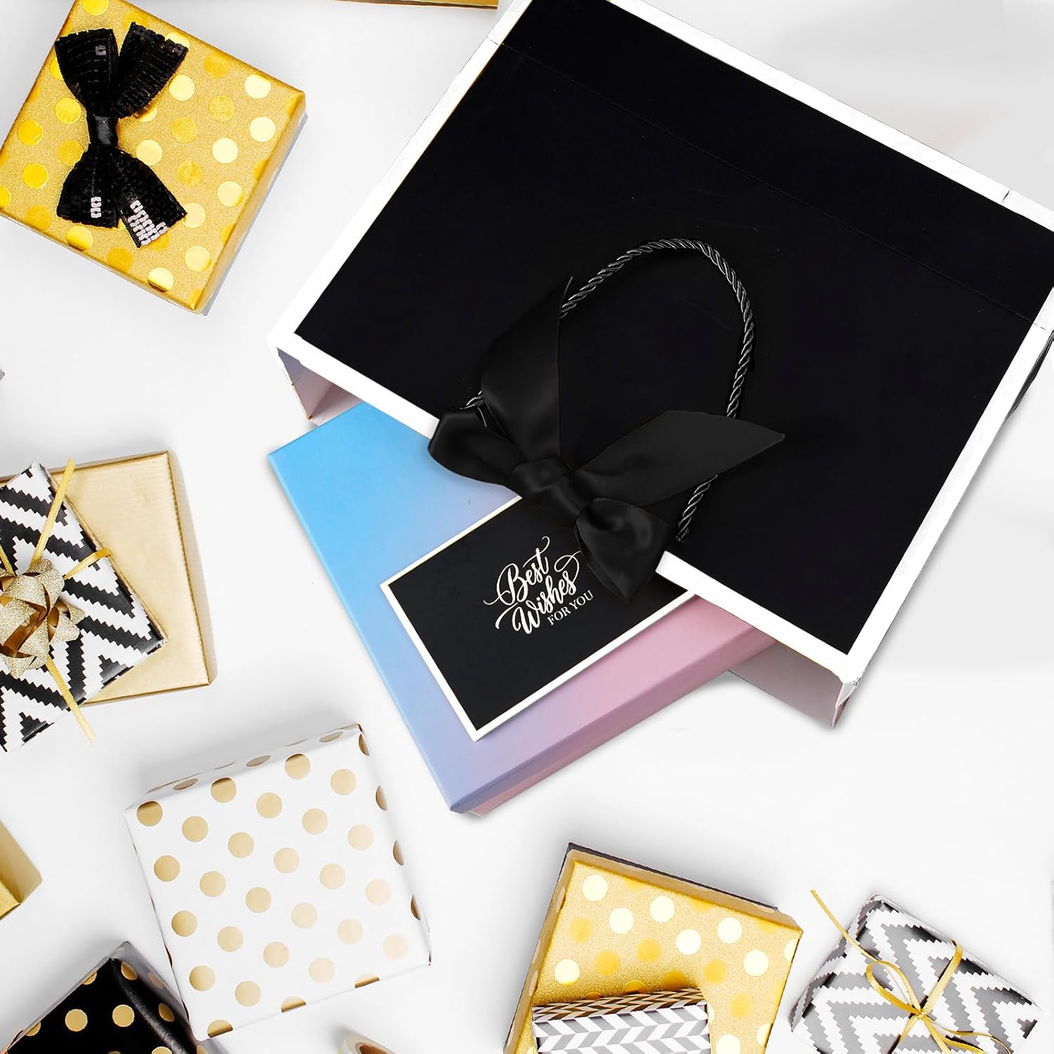 Plauthus Black Gift Bag with Ribbon, 13" Large Gift Bag with Handle, Greeting Card & 2 Tissue Paper（White Frame） Wrap Bag for Funeral Any Occasion - Image 8