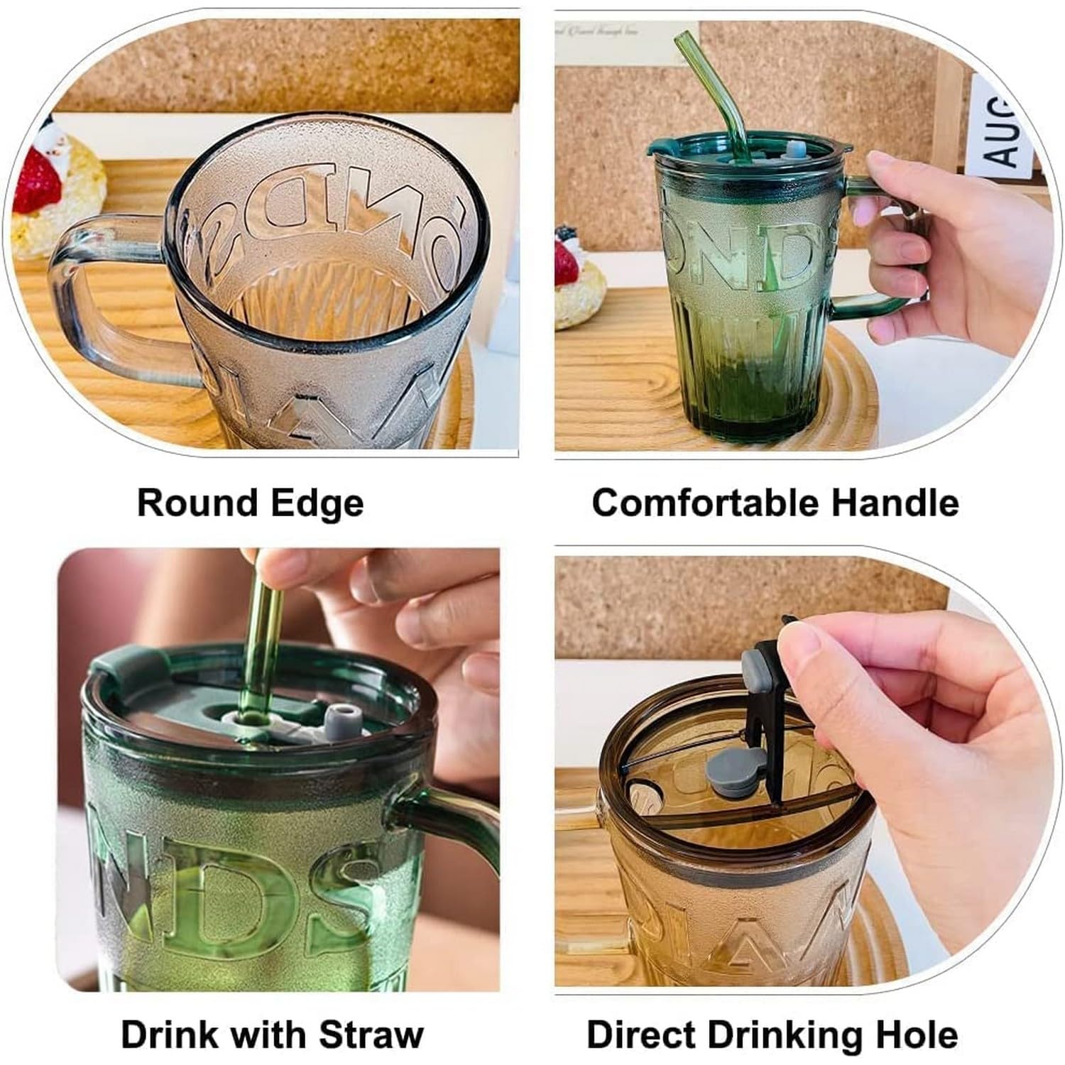 UGU ZONE Glass Mug with Lid & Glass Straw 400 ml, Reusable Glass Tumbler Sipper Bottle with Leakproof Lid for Coffee Tea Milk Smoothies Juice, Travel Office Mug (Green, Set of 1) 1