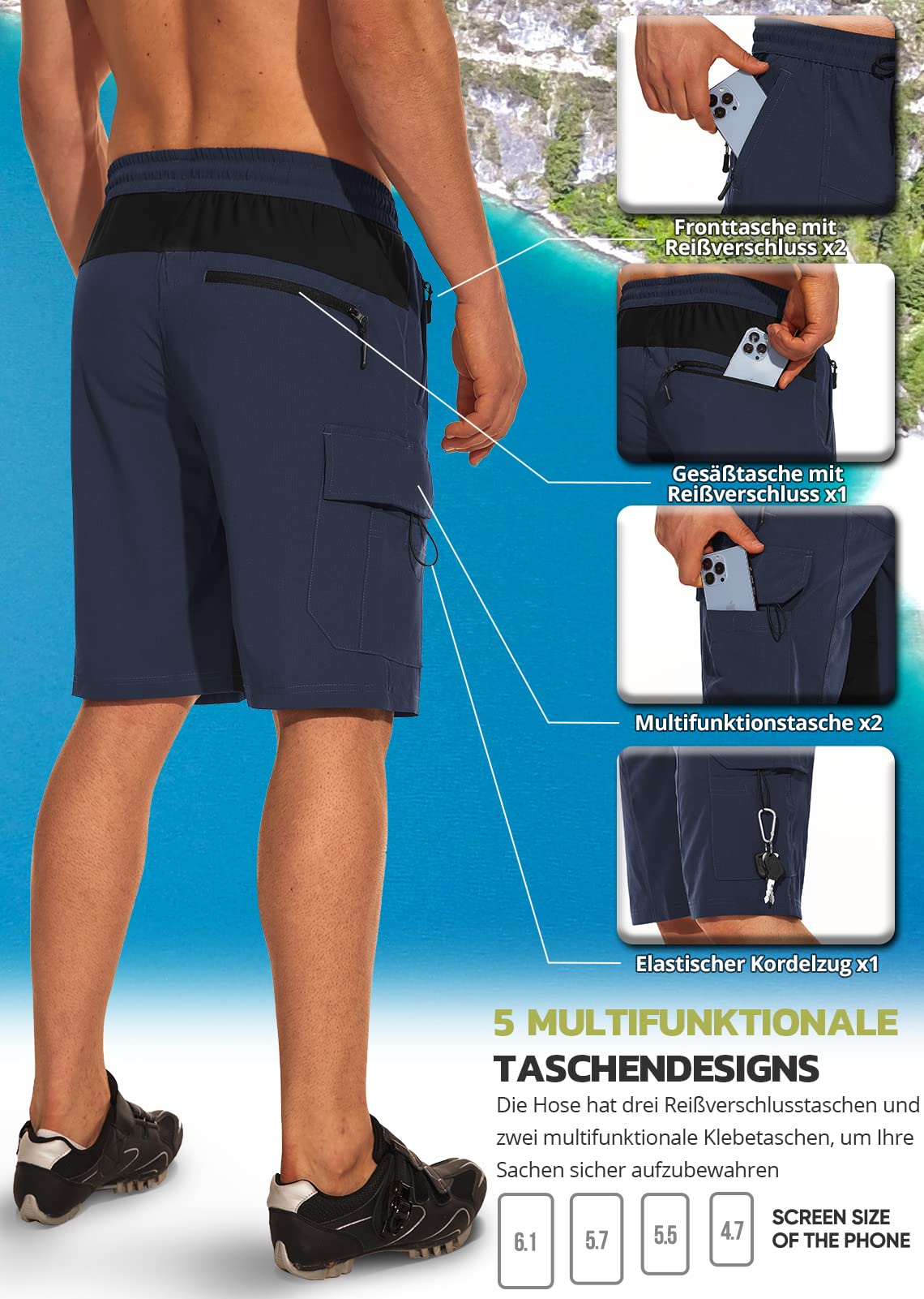 Hiauspor Pantalones Cortos de Senderismo para Hombre, 5 Bolsillos, Azul