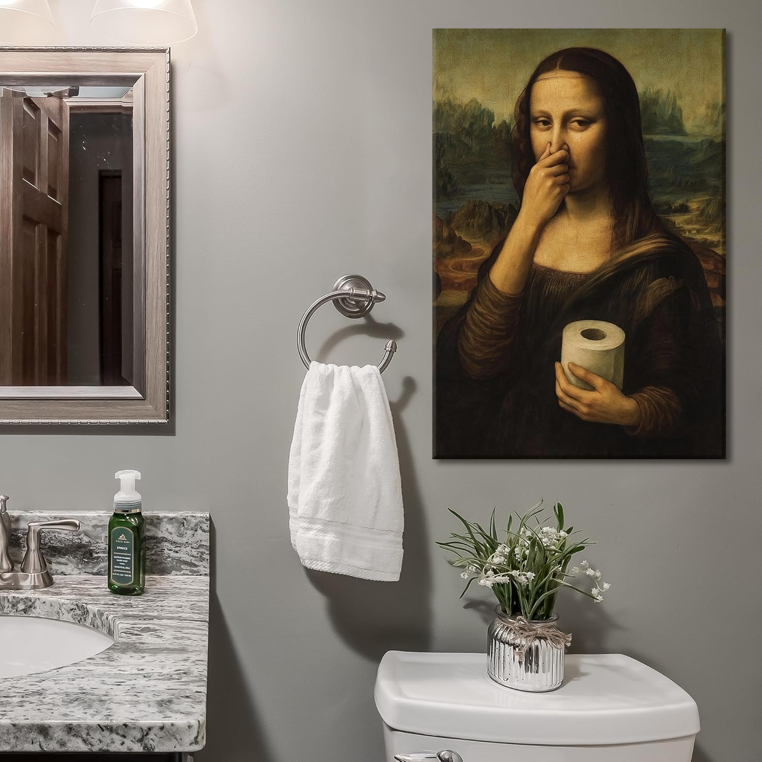 Framed Funny Mona Lisa Bathroom Canvas Wall Art Humor Mona Lisa Pinching Nose Wall Decor Amusing Toilet Artwork Posters Pictures Celebrity Classical Vintage Painting Prints for Washroom Restroom - Image 2