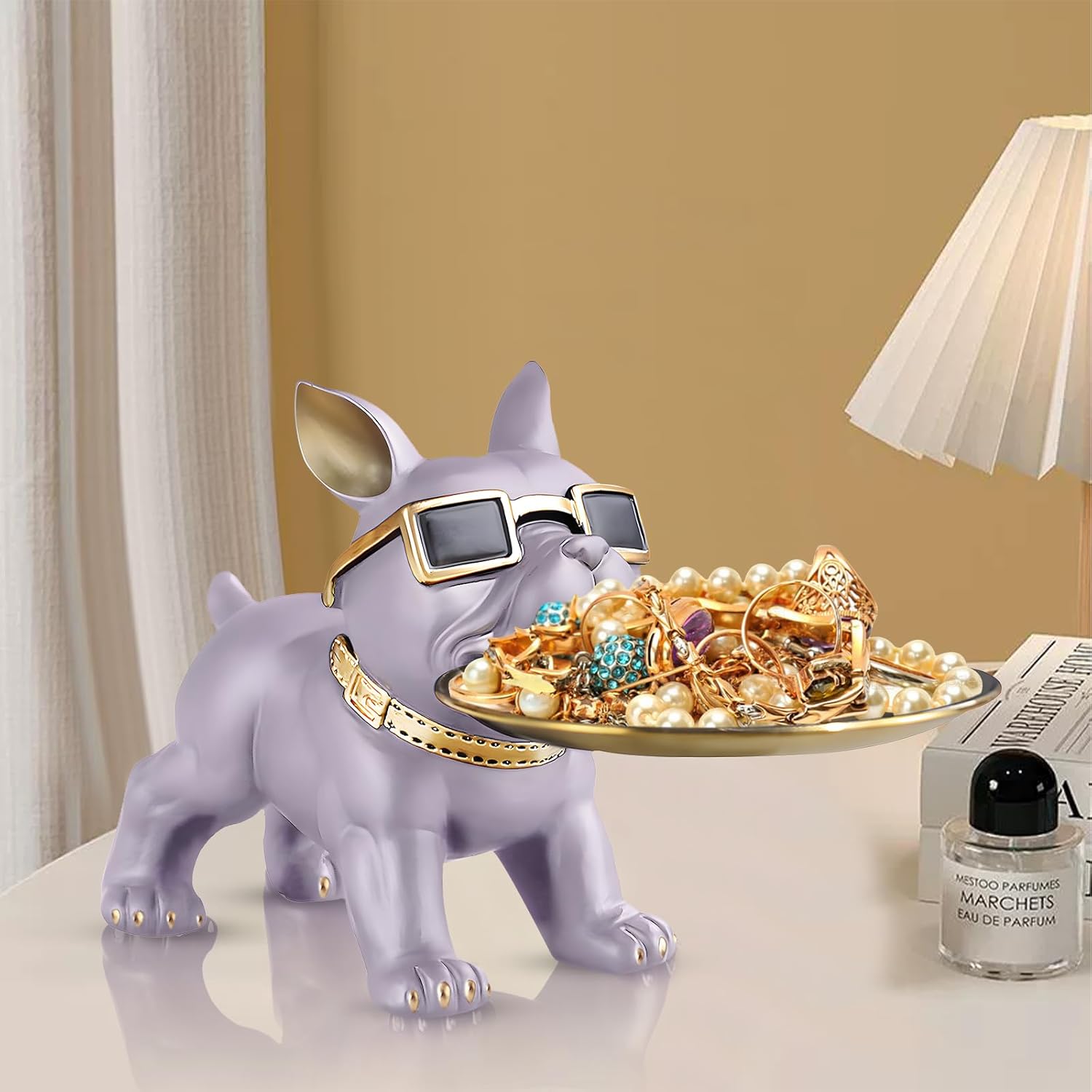 Huhote Bulldog Tray Statue,Small Modern French Bulldog Candy Dish Key Holder Bowl, French Bulldog Accessories, Statues for Office Desk Home Decor Figurines Entryway Table Decor (Purple Grey)