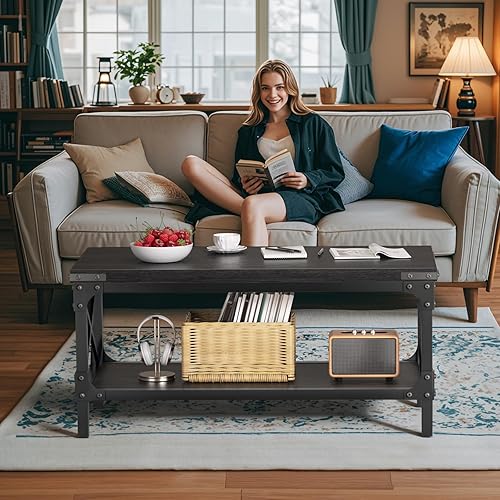 Miniatura 3 de Mesa de café rectangular para sala de estar, mesa de café rectangular de madera, mesa central industrial moderna de 2 niveles con tablero engrosado