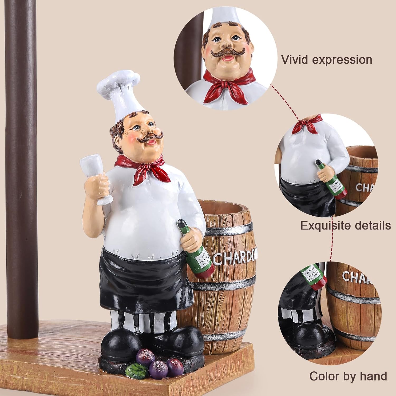 Chef Paper Towel Holder with Wine Barrel, Decorative Kitchen Paper Towel Stand with Wooden Base, European Style Design (IAT-D2514)