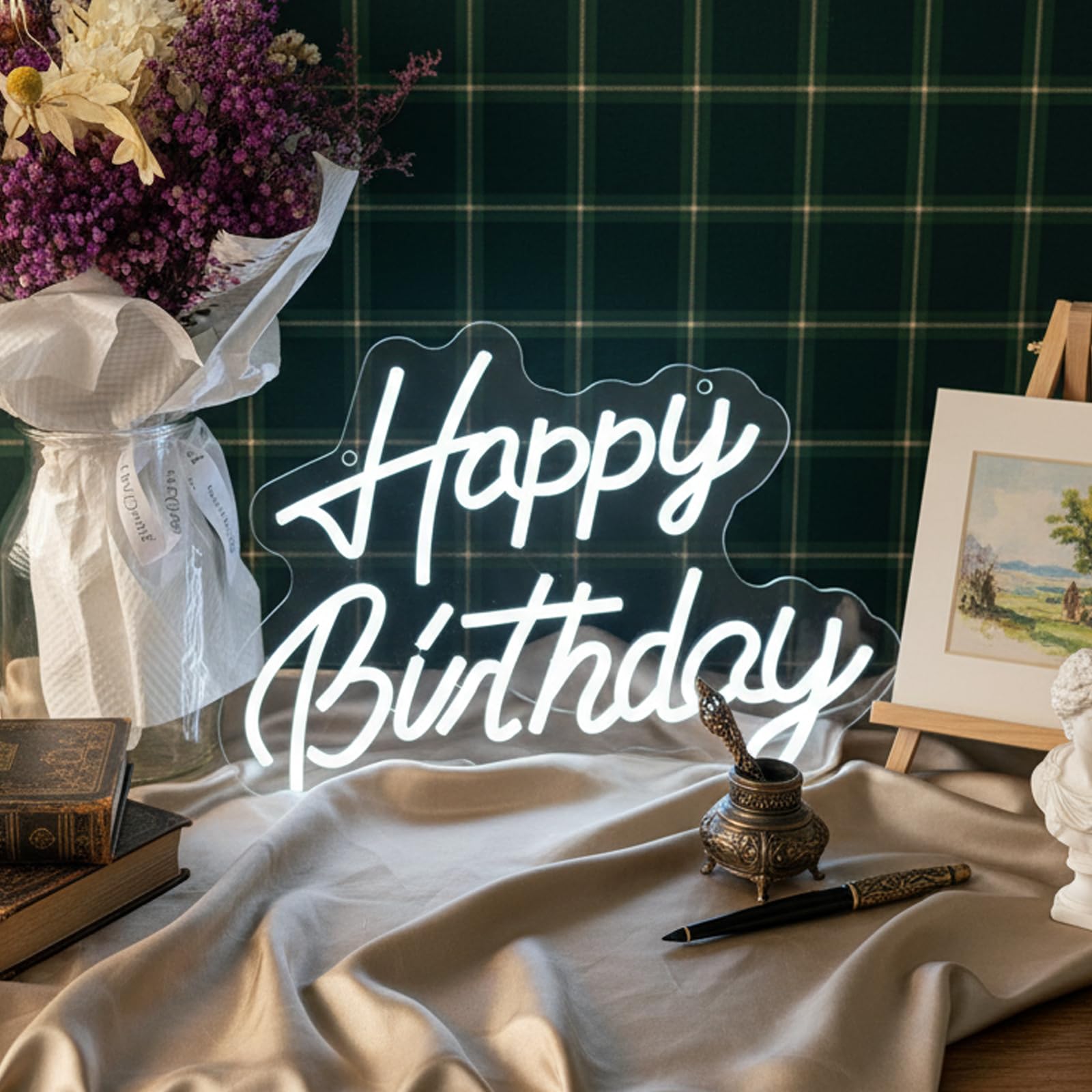 GENDLTHIJ Neon "Happy Birthday" do dekoracji ścian, ciepła biel LED, artystyczna dekoracja, neonowy znak świetlny na każdą imprezę urodzinową (biały)