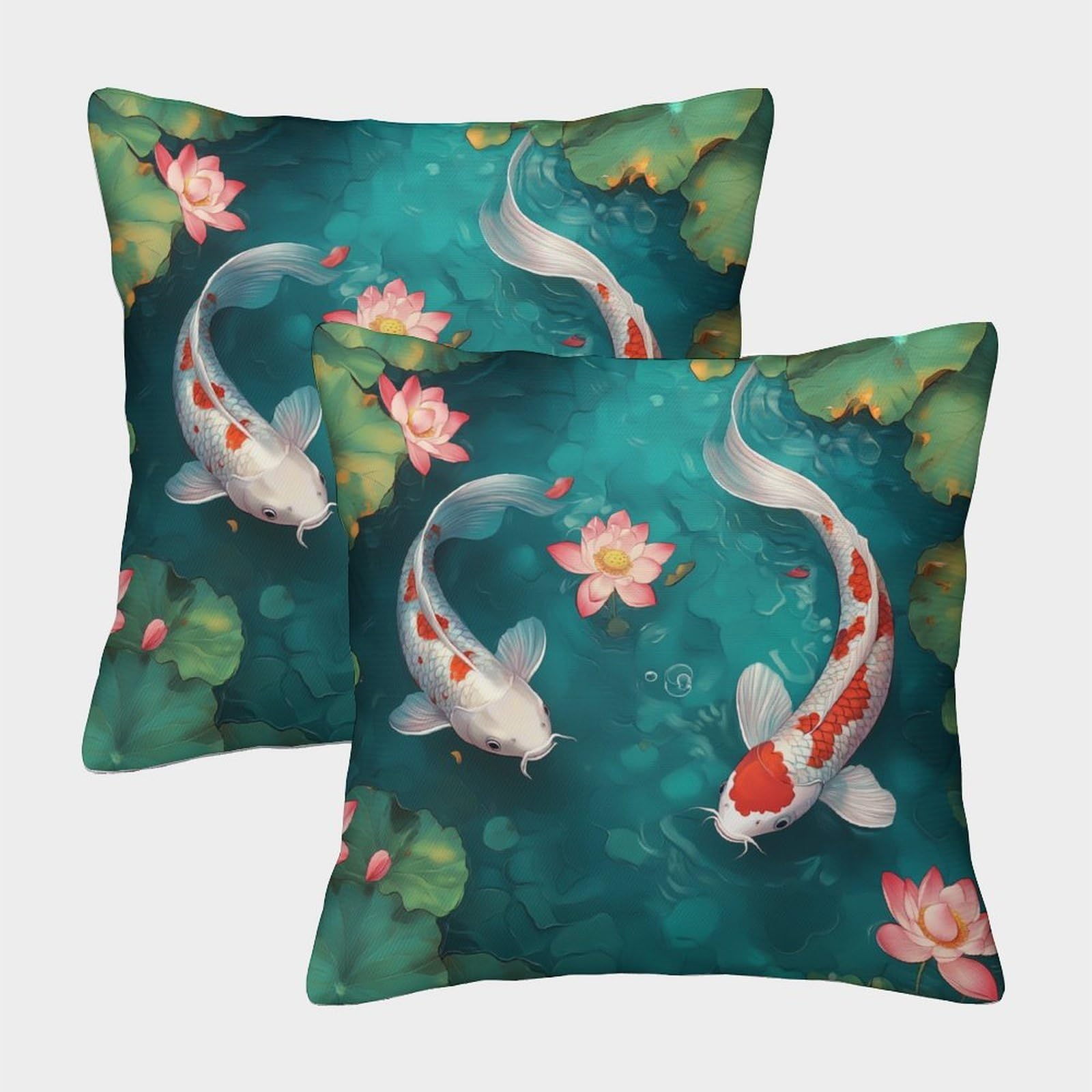 kaiyun 2 Pack Carp in,Pink Lotus And Green Leaves Luxury Digital Printed Soft 3D Themed Square Cushion Cover 40x40cm