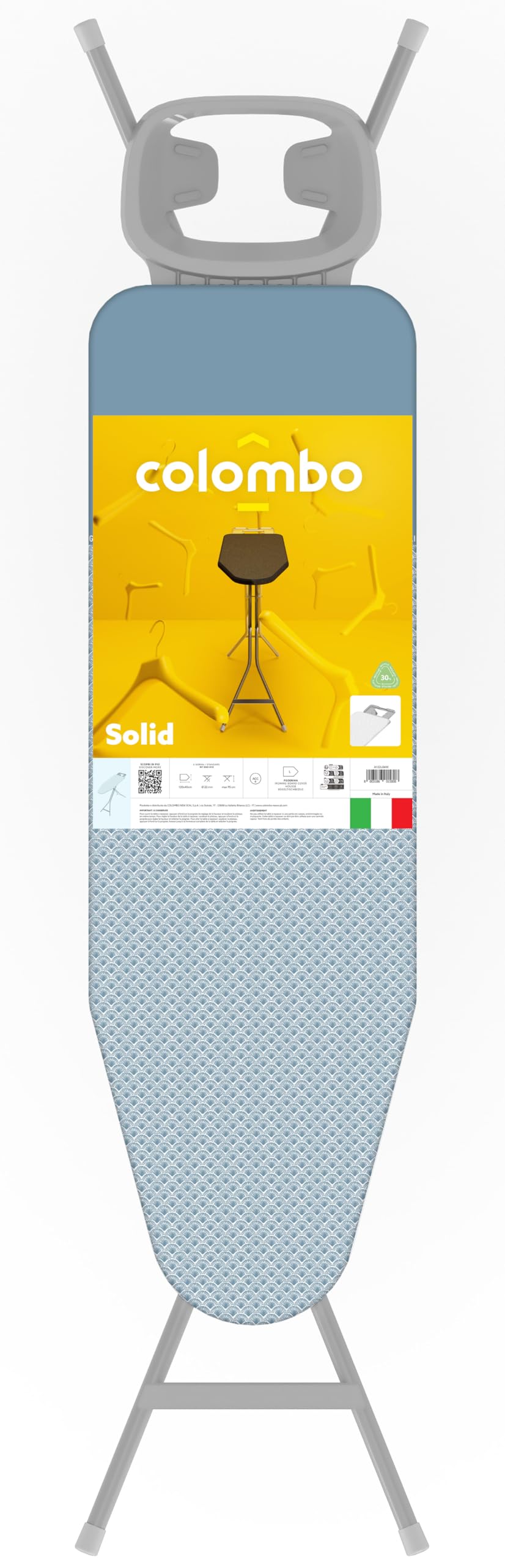 Colombo Asse da Stiro Solid Jr 114x36cm con Poggiaferro Rinforzato | Asse da Stiro Pieghevole Altezza Regolabile Max 90cm con Foderina in Cotone Biologico e Parking Zone Ferro da Stiro | Made in Italy