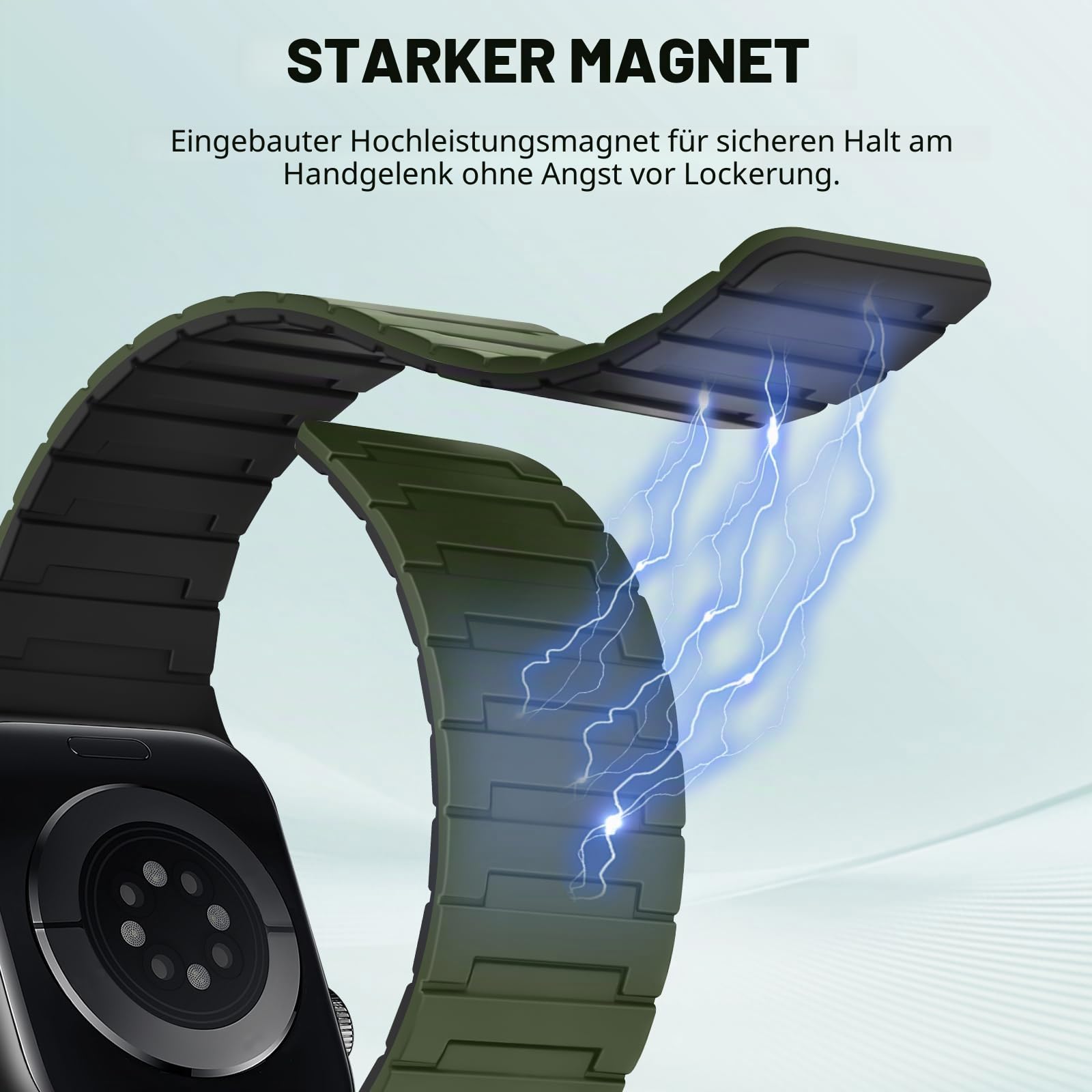 Bisikor Kompatibel mit Apple Watch Armband 49/46/45/44/42/41/40/38mm Silikon Starker Magnet Sport Ersatzband für iWatch Ultra2 SE Serie 10 9 8 7 6 5 4 3 (42/44/45/46/49, Armeegrün/Schwarz)