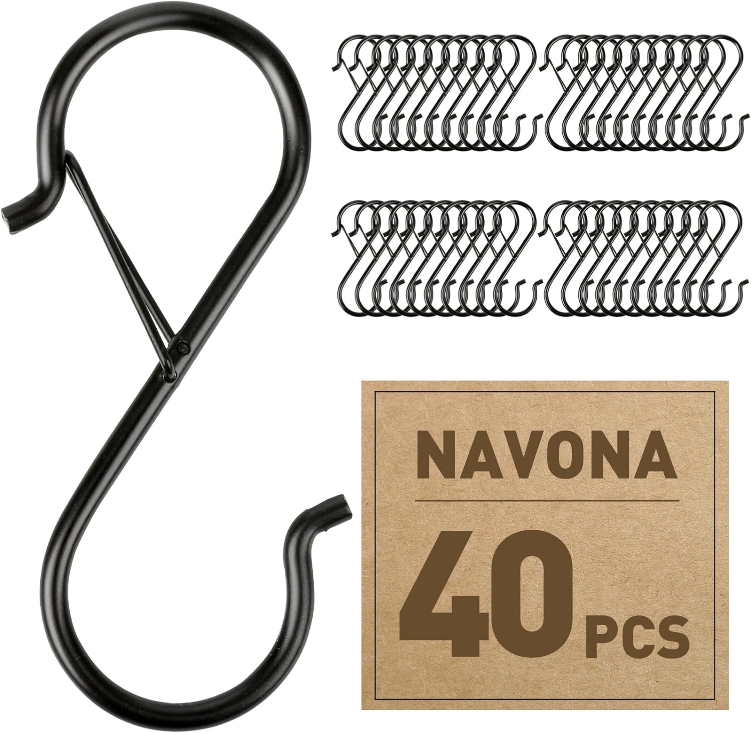 Navona 40 Pcs S Hooks for Hanging Heavy Duty, 3.5-inch Heavy Duty Metal S Hook, Closet Hooks with 0.5-inch Safety Buckle, S Hook for Hanging Plants, Kitchen Utensil, Pot, Pan, Bags