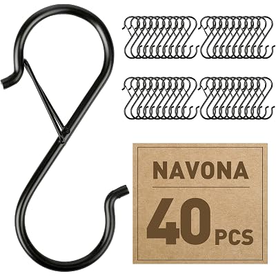 Navona 40 Pcs S Hooks for Hanging Heavy Duty, 3.5-inch Heavy Duty Metal S Hook with Safety Buckle, Suitable for 0.5 inch Rods, S Hook for Hanging Plants, Closet, Kitchen Utensil, Pot, Pan, Bags