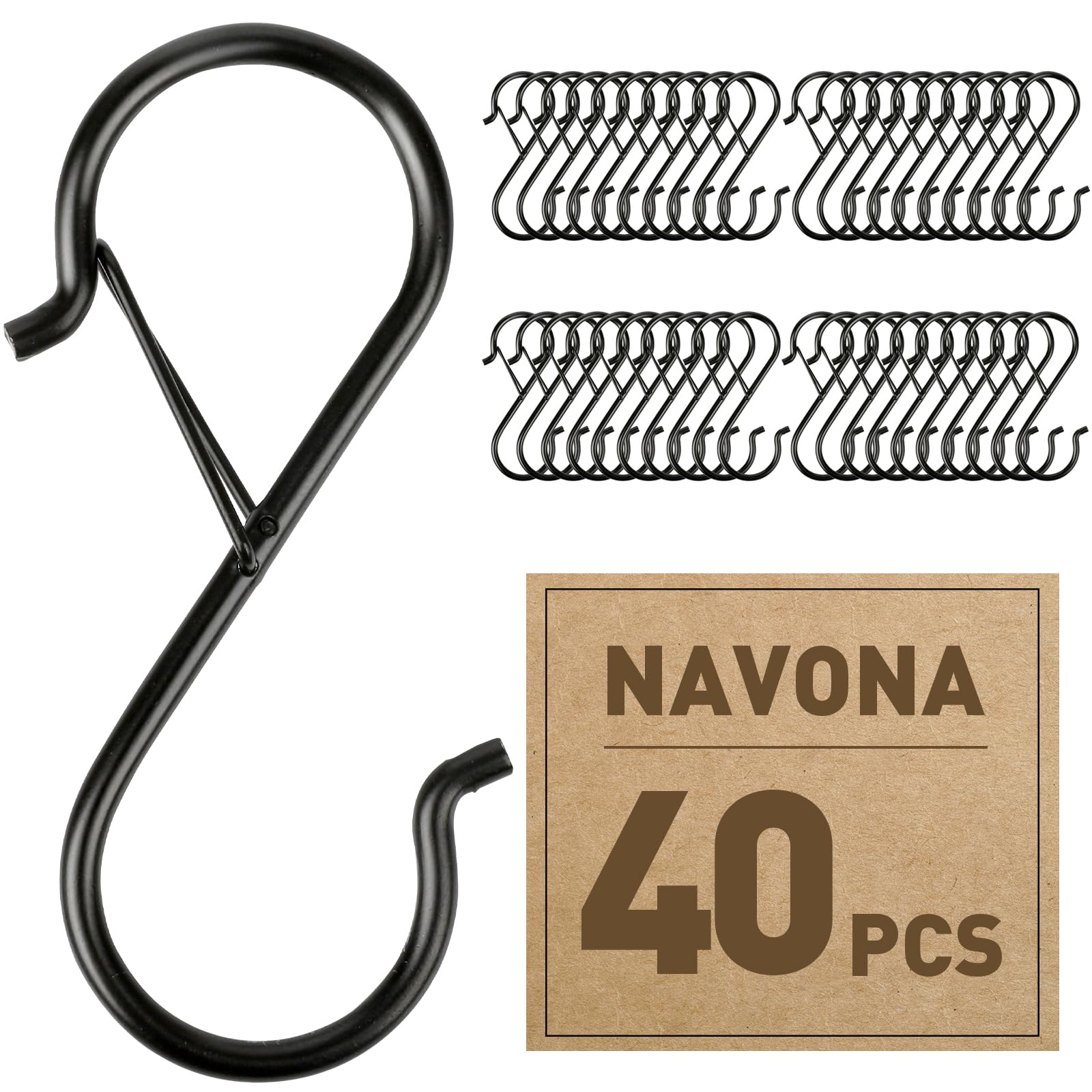 Navona 40 Pcs S Hooks for Hanging Heavy Duty, 3.5-inch Heavy Duty Metal S Hook with Safety Buckle, Suitable for 0.5 inch Rods, S Hook for Hanging Plants, Closet, Kitchen Utensil, Pot, Pan, Bags