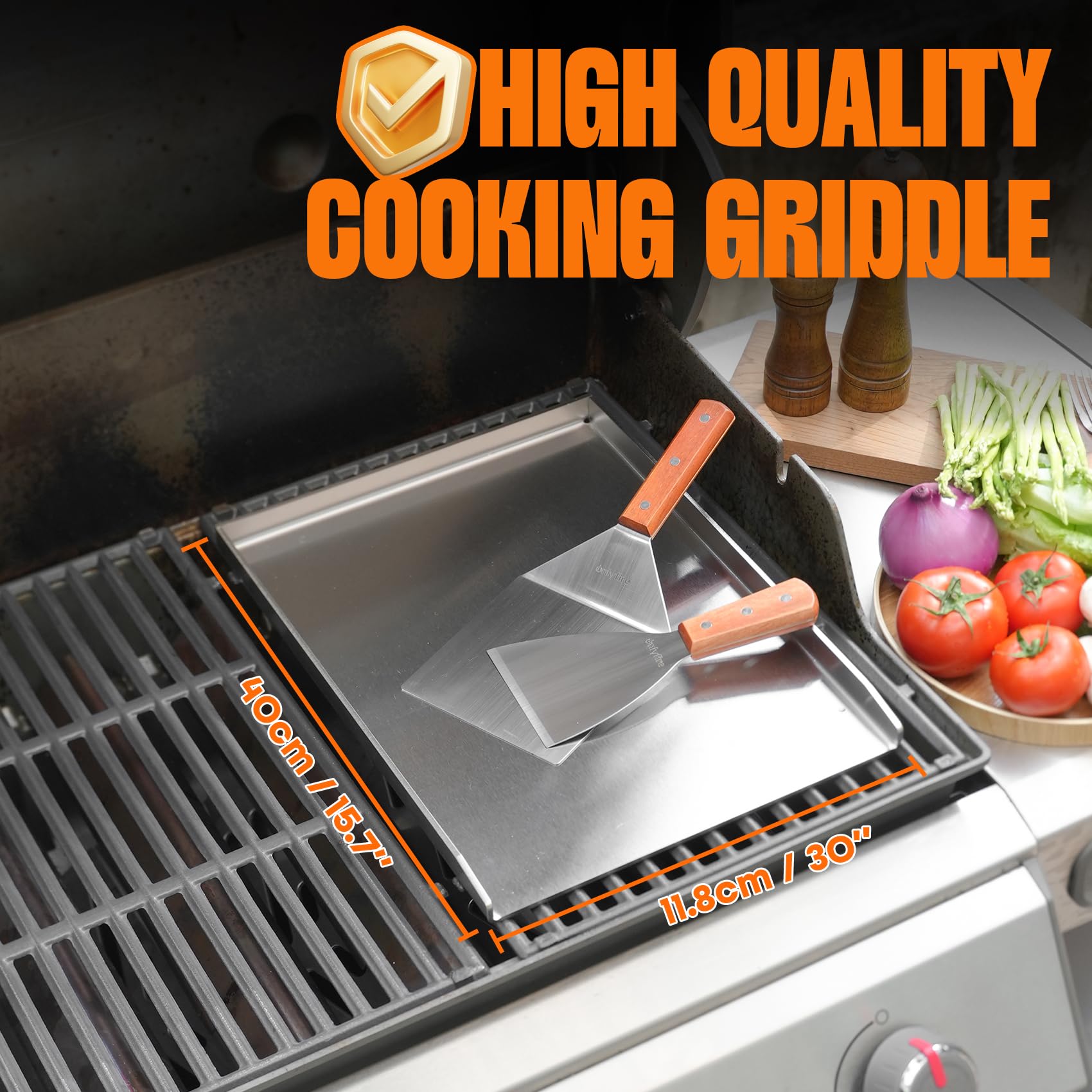 Onlyfire Plancha Barbacoa de Acero Inoxidable con 2 Espátulas BBQ para La Mayoría de Las Barbacoas de Gas y Carbón, Accesorios para Plancha, 40 ×30 × 2.5 cm | Plancha rectangular con raspador de barbacoa y espátula de parrilla para la mayoría de parrillas