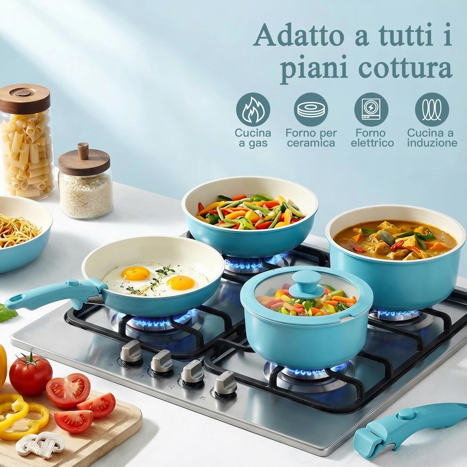 GiPP 11 Pezzi Set Di Padelle Con Rivestimento Ceramico Antiaderente, Set Di Padelle Con Manici Staccabili, Atossiche Compatibili Con Induzione, Forno E Lavastoviglie, Blu Gradiente