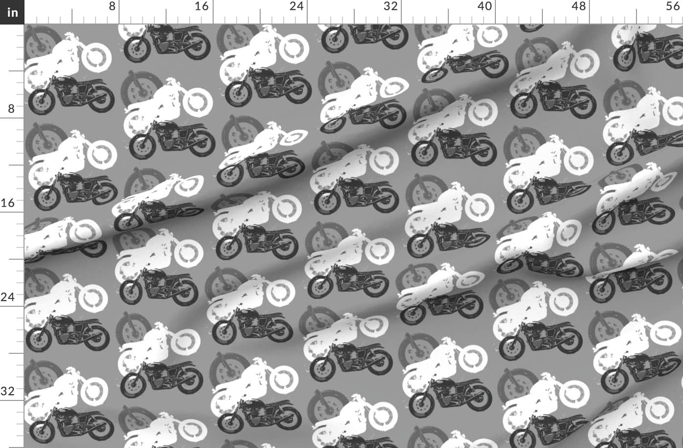 Spoonflower Fabric - Bikes Motorcycle Wheels Gray White Printed on Organic Cotton Sateen Fabric by The Yard - Sewing Quilting Apparel Home Decor