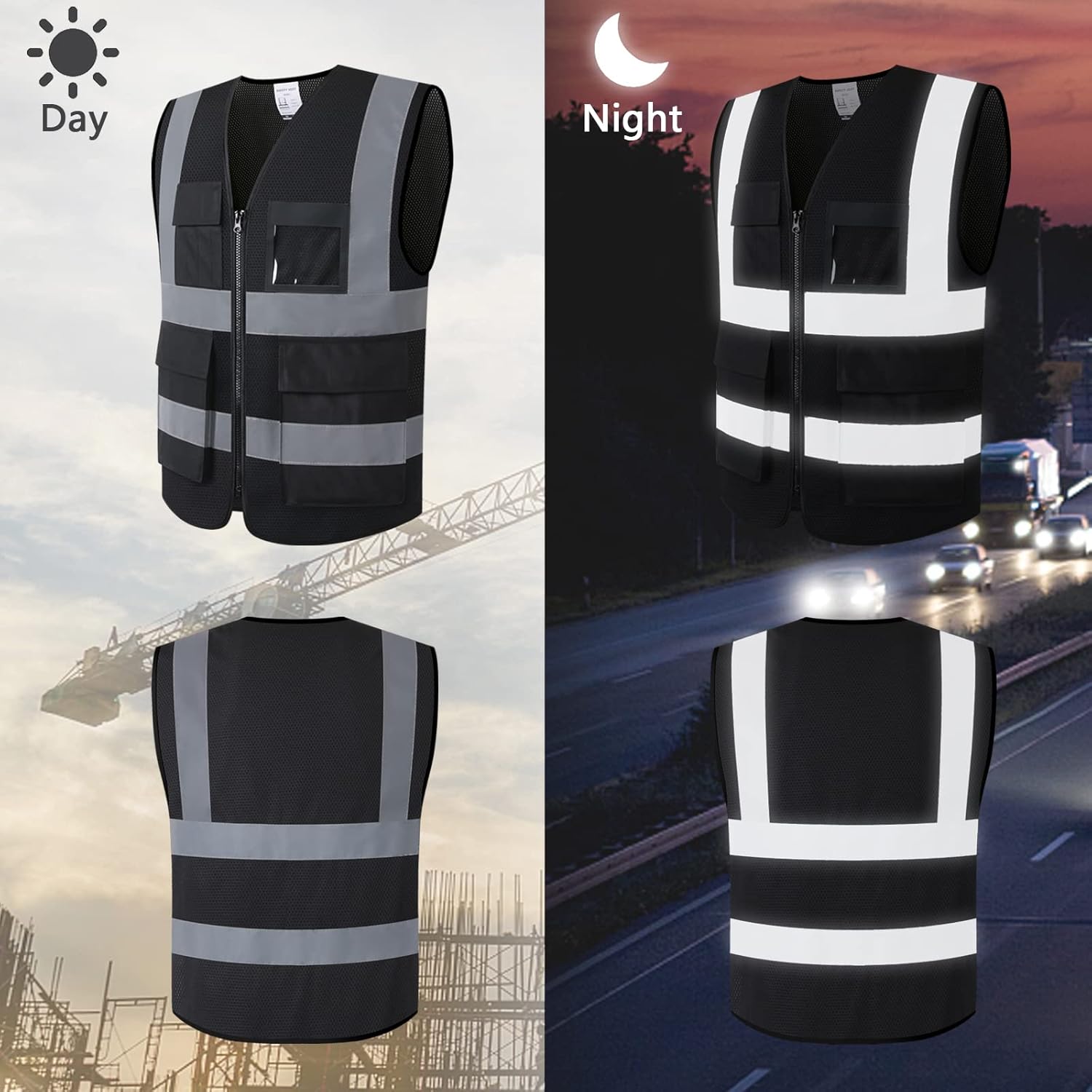 Reflective Safety Vest for Men Women with 8 Pockets and Zipper High Visibility Mesh Construction Work Vest Meets ANSI/ISEA Standards (KZ170-Black, M) - Image 5