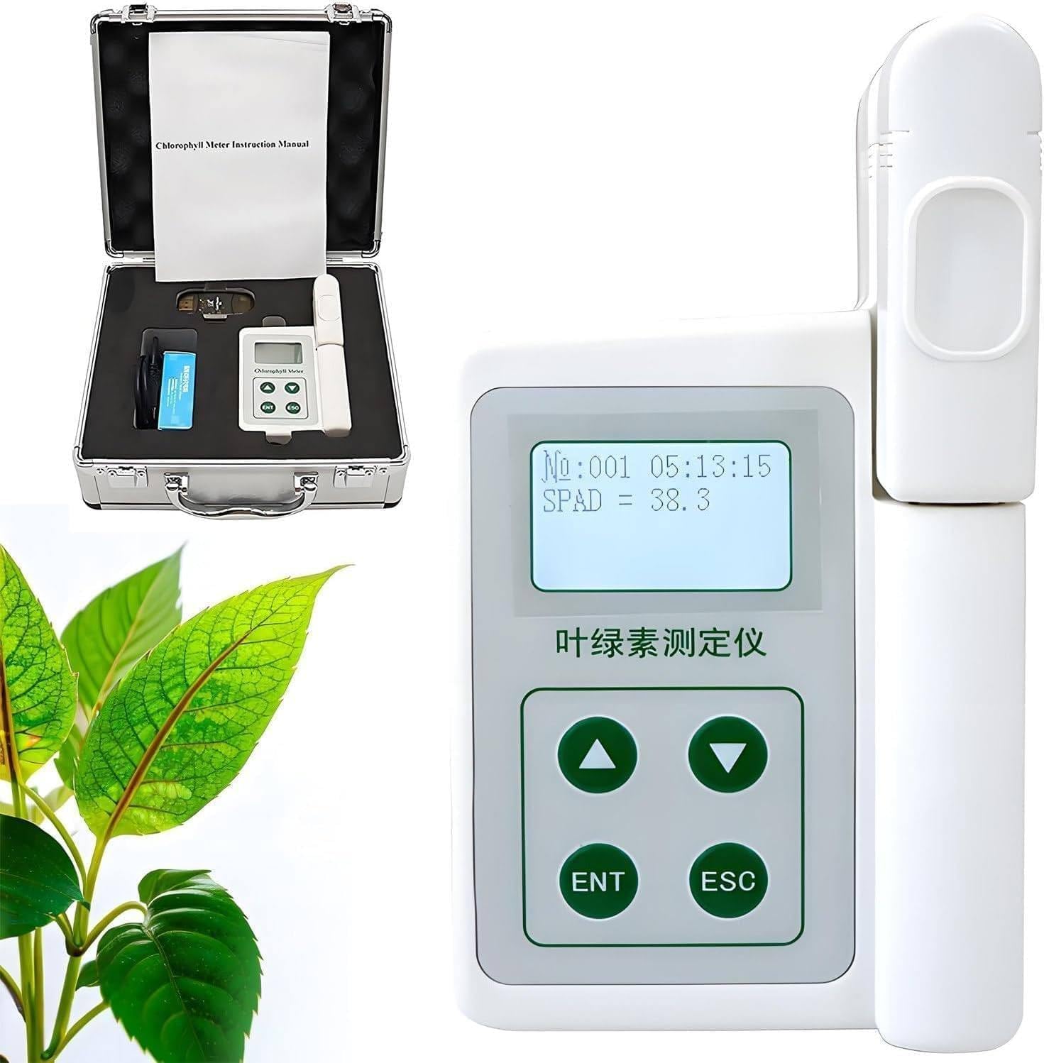 Handheld Chlorophyll Meter, Portable Digital Chlorophyll Analyzer, Chlorophyll Meter for Testing Plant Chlorophyll/Temperature/Humidity, with USB Data Export
